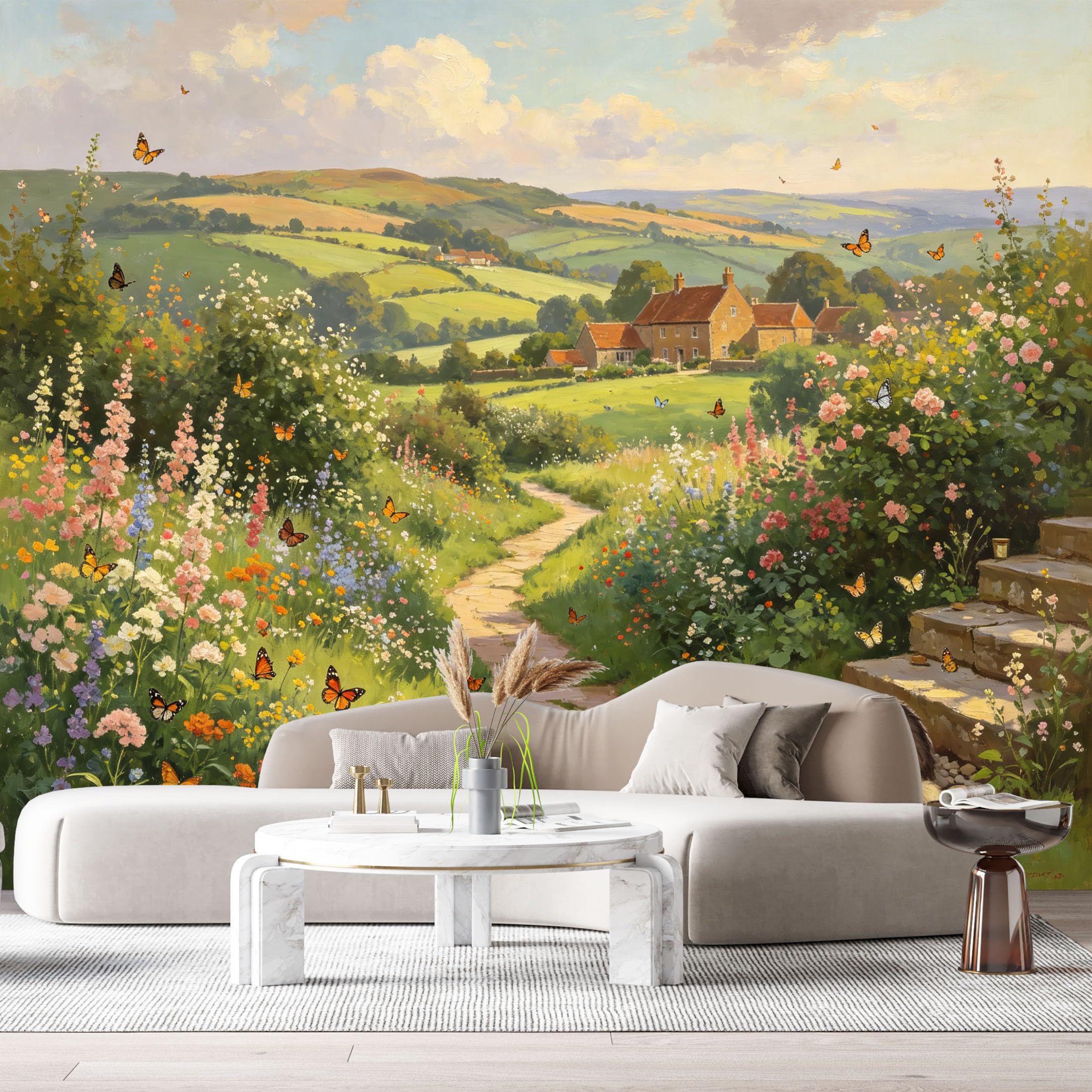 Custom Size Wall Murals Farmhouse American Country Oil Painting Wildflower Meadow Badger Butterflies Path SelfAdhesive Wall Fabric Removable Large Wallpaper for Living Room