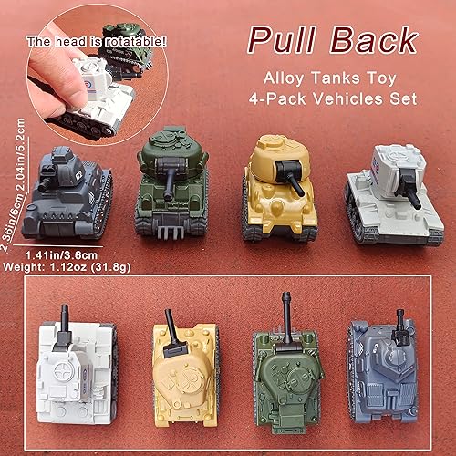 Miniatura 2 de Paquete de 4 vehículos militares de aleación de juguete con mecanismo de retroceso, regalos de fiesta de cumpleaños para niños y niñas (4 tanques