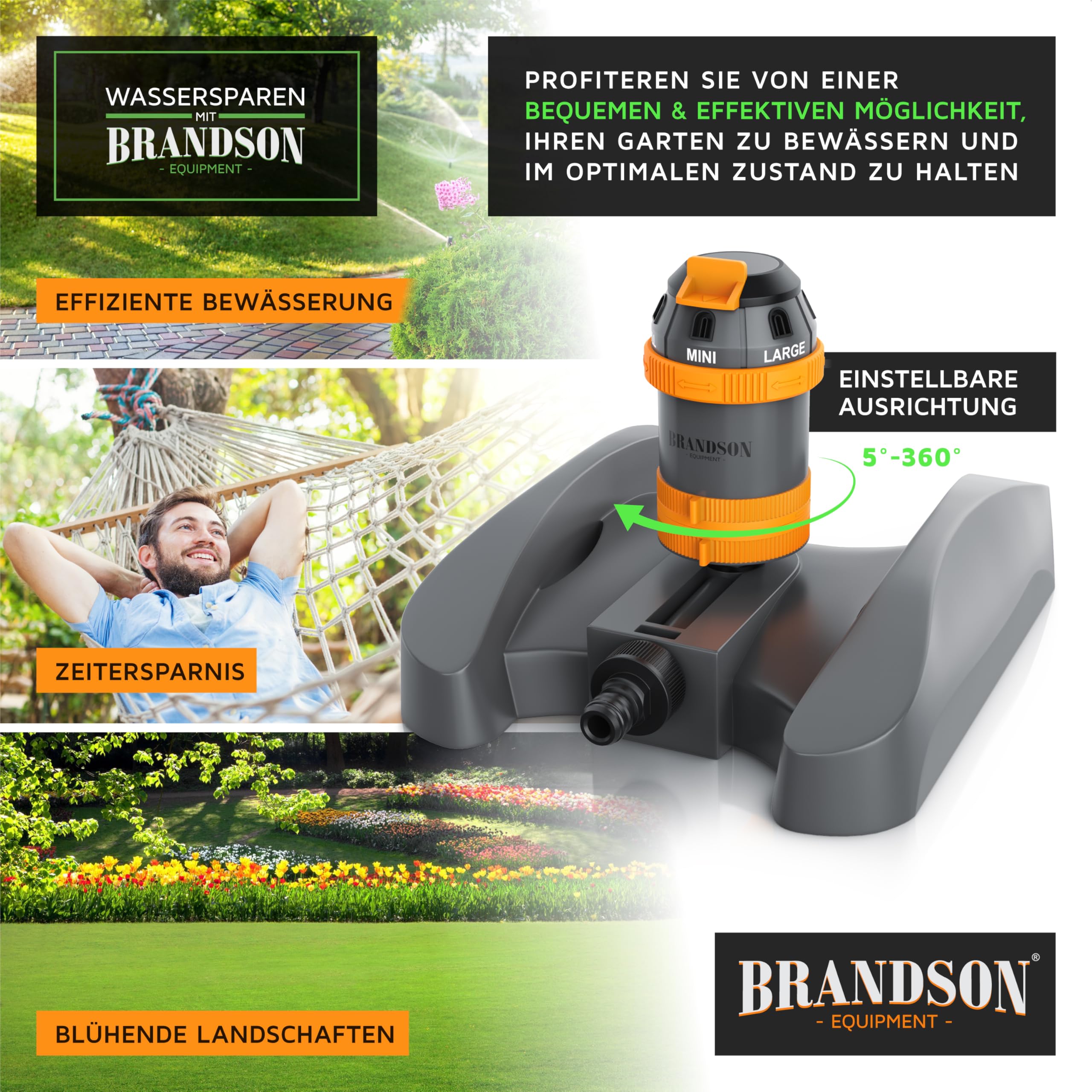 Brandson - Rasensprenger Viereckregner 3/4 Zoll – 6 Sprühmuster – für große Flächen - Einstellbare Sprühhöhe - Oszillation Funktion 360 Grad – Garten Rasensprinkler