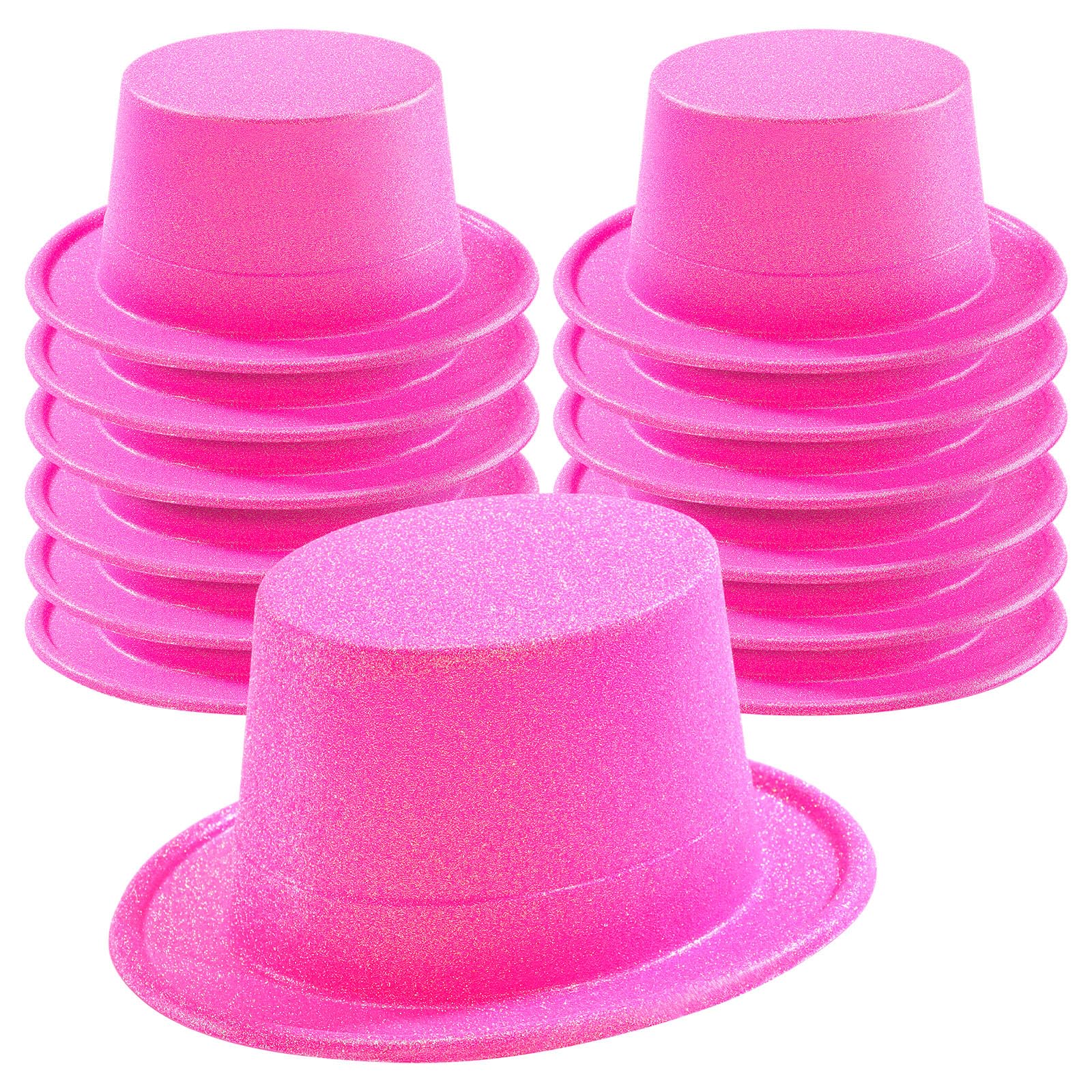 Hillban 12 Pack Valentines Hot Pink Top Hats Party Shiny Plastic Glitter Sequin Hat Disco Costume Accessories Bulk for Glow Wedding Party Supplies