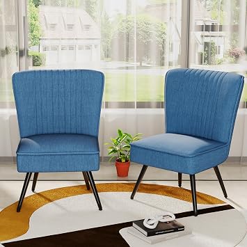 Alunaune Modern Blue Accent Chair Set of 2 Living Room Chairs, Upholstered Bedroom Furniture Sets Armless Slipper Reception Club Chair Guest Couch Comfy Wingback Single Sofa