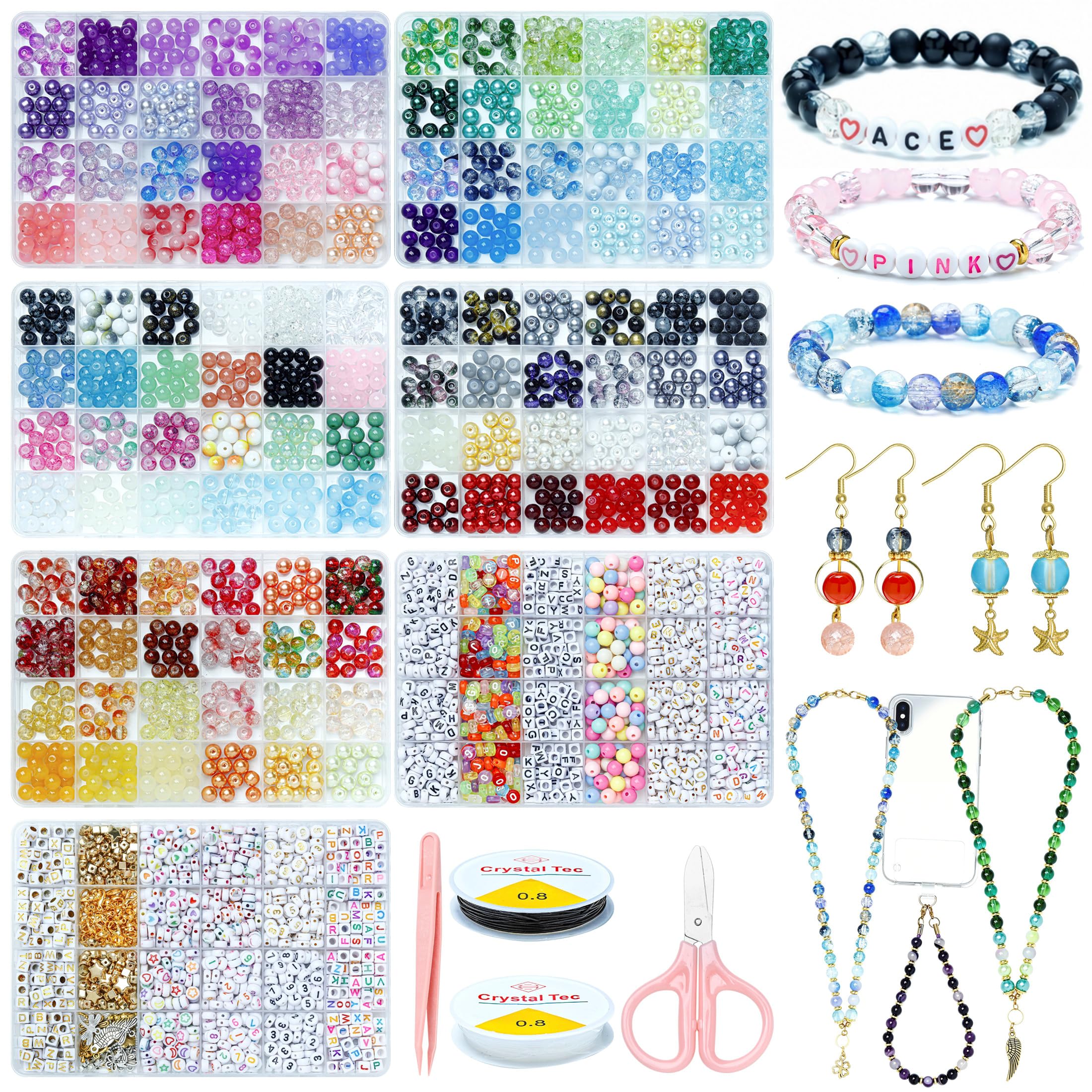 Perline in vetro da 8 mm, 120 colori, per la creazione di gioielli, kit per la creazione di braccialetti da 2574 pezzi