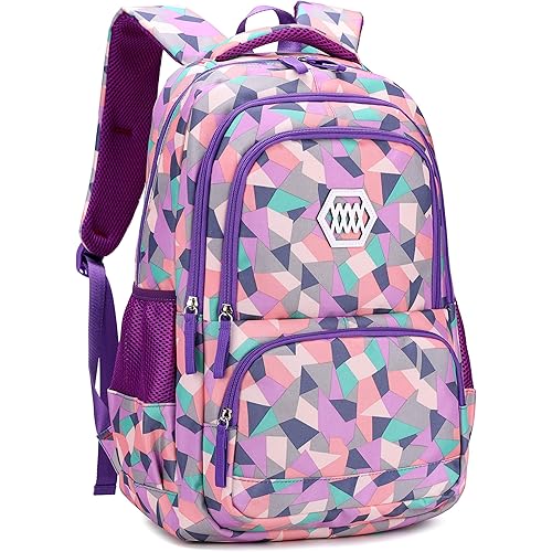 Bansusu Geometric-Print Purple-Backpack for Girls Middle-School Elementary Bookbags