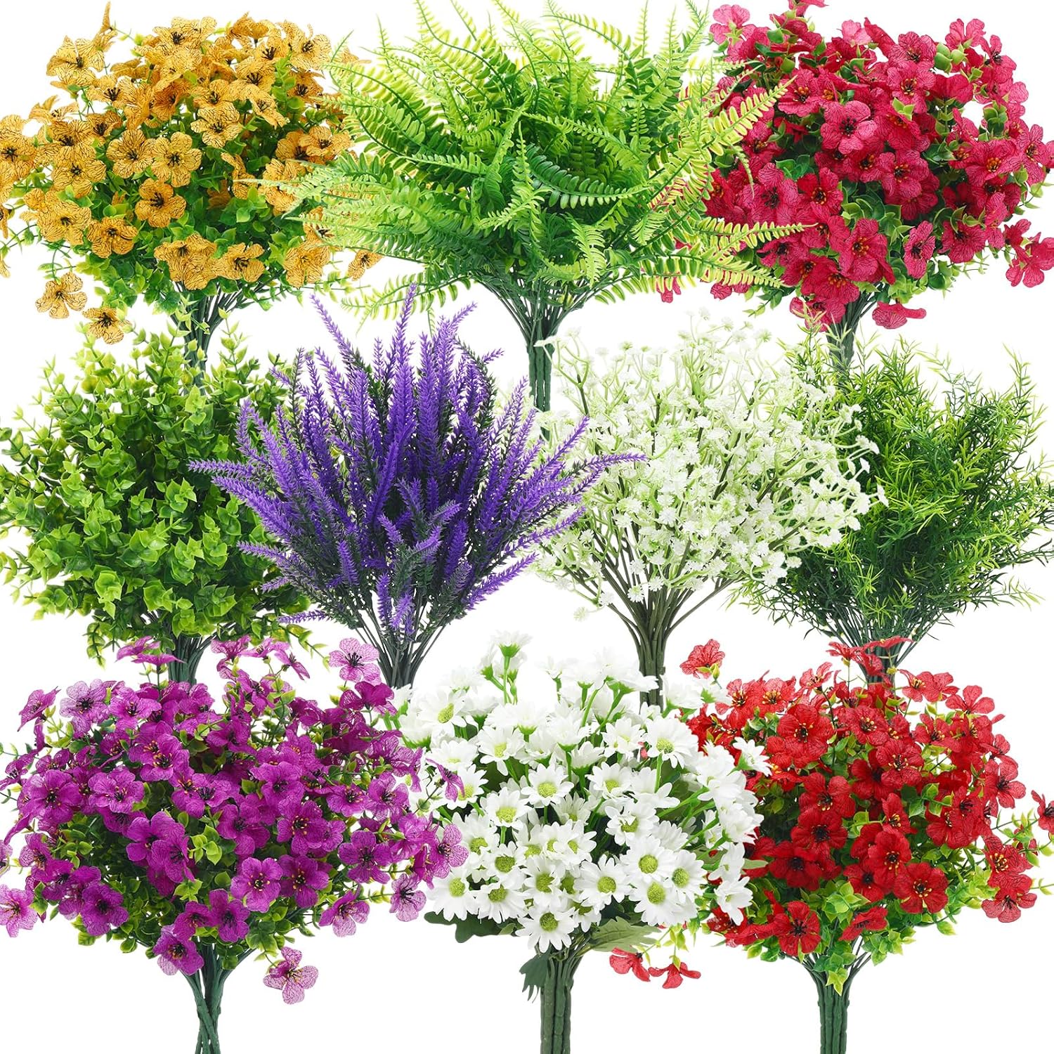 60 Pcs Outdoor Plastic Plants Bulks Artificial Flowers UV Resistant Lavender Flowers Stems Baby's Breath Plastic Greenery Shrubs Fake Daisy Eucalyptus for Home Patio Decoration