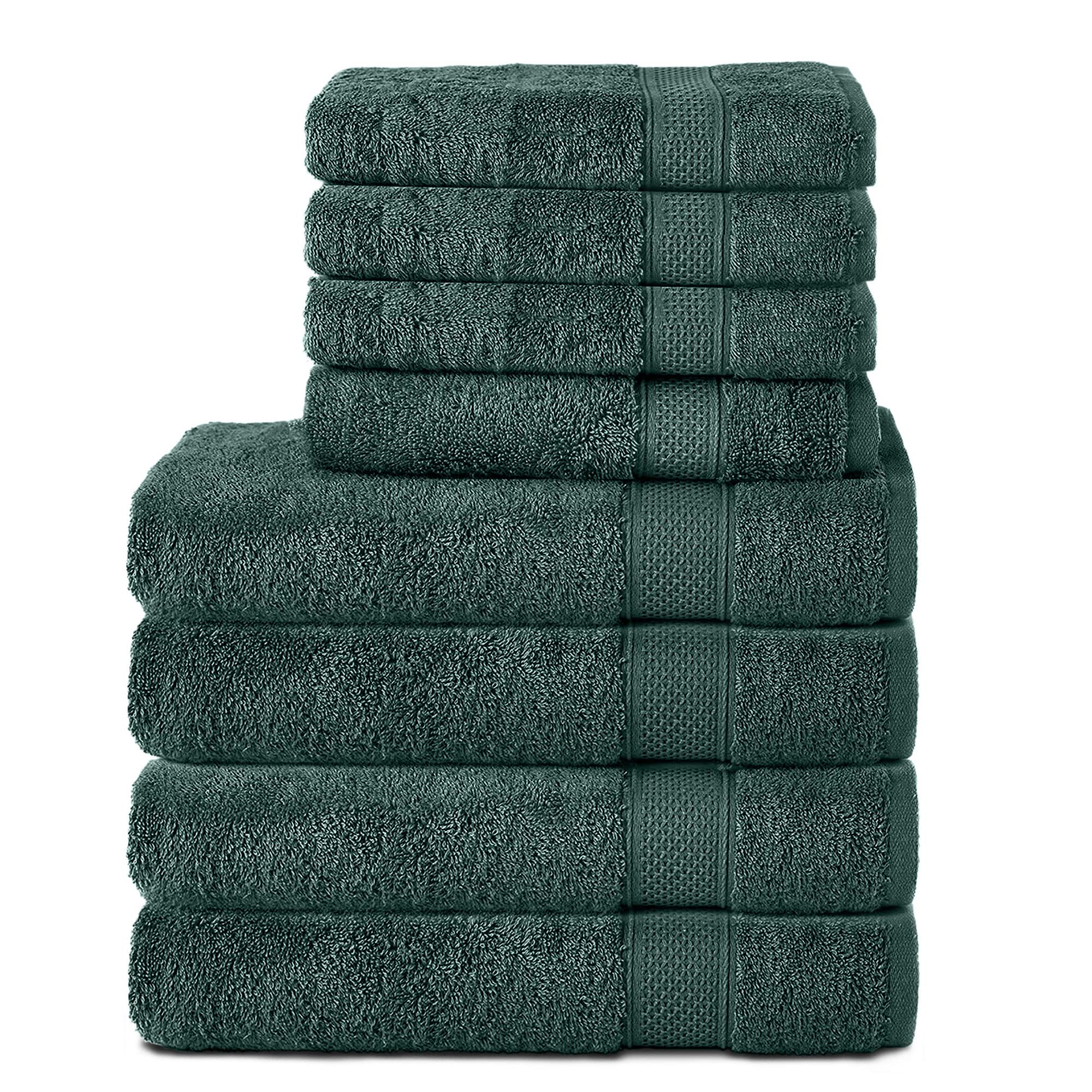 Komfortec Juego de 8 Toallas de Mano de 100% algodón, 4 Toallas de baño de 70 x 140 cm y 4 Toallas de 50 x 100 cm, de Rizo, Suave, Toalla Grande, Verde Oscuro