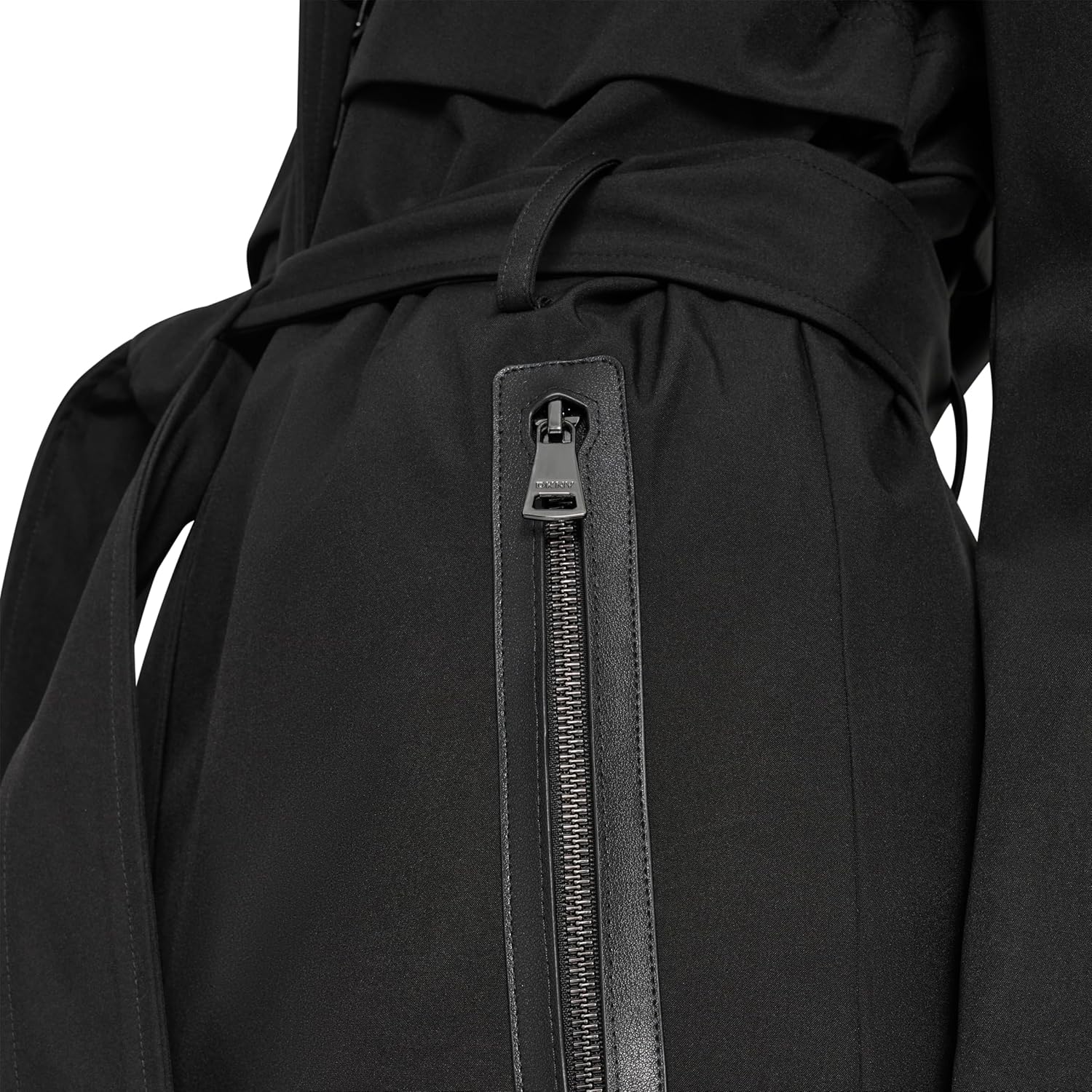 DKNY Women's Hooded Belted Trench Coat – Long Water-resistant Lightweight Jacket With Faux Leather Trimmmed Zipper Pockets - Image 7