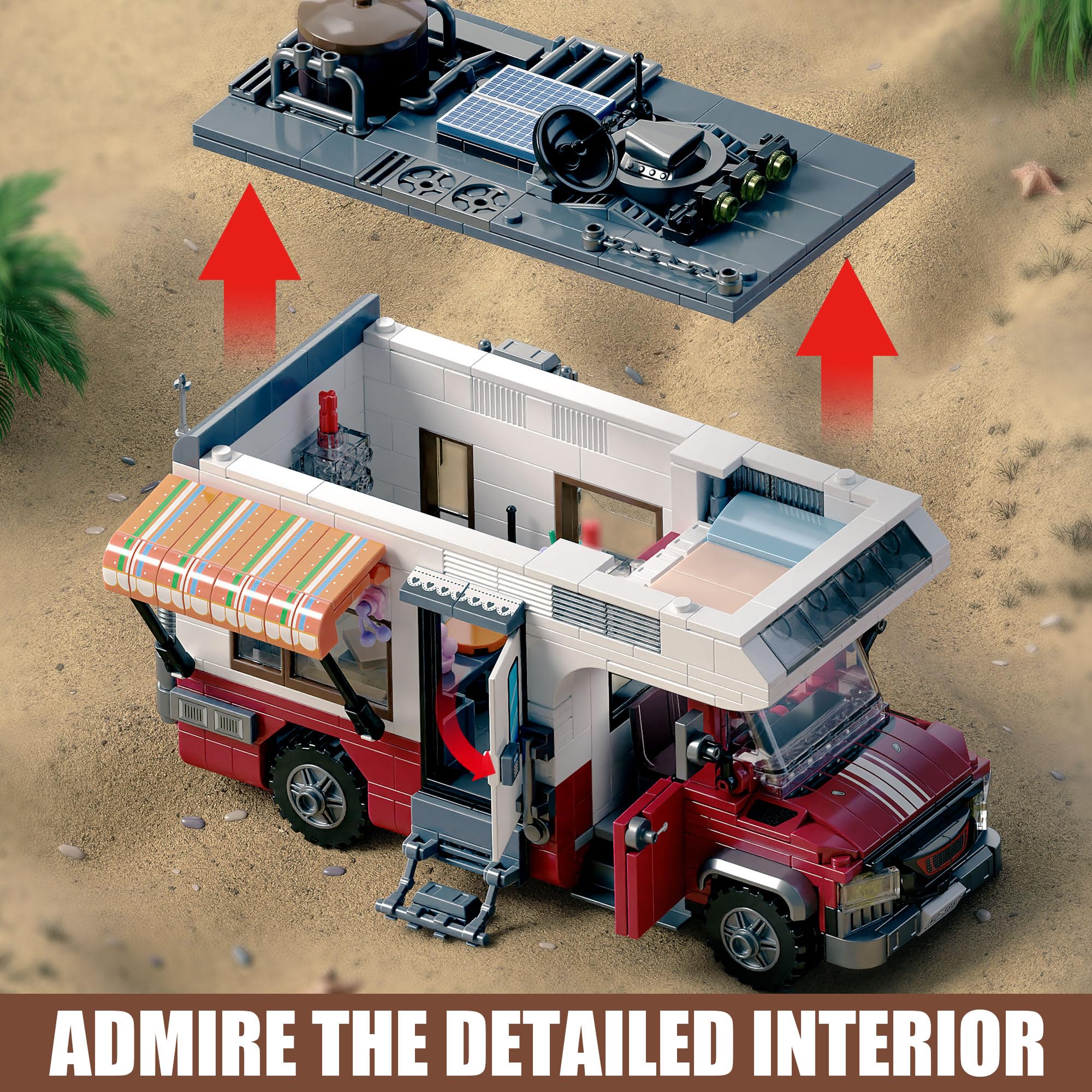 TGL City Camper Van Building Set-Beach Camping Themed Construction Toy Kit with Mini Accessories&Lights, RV Car Model Compatible with Legos,Birthday Gift for Adults and Kids 6+(880 pcs)