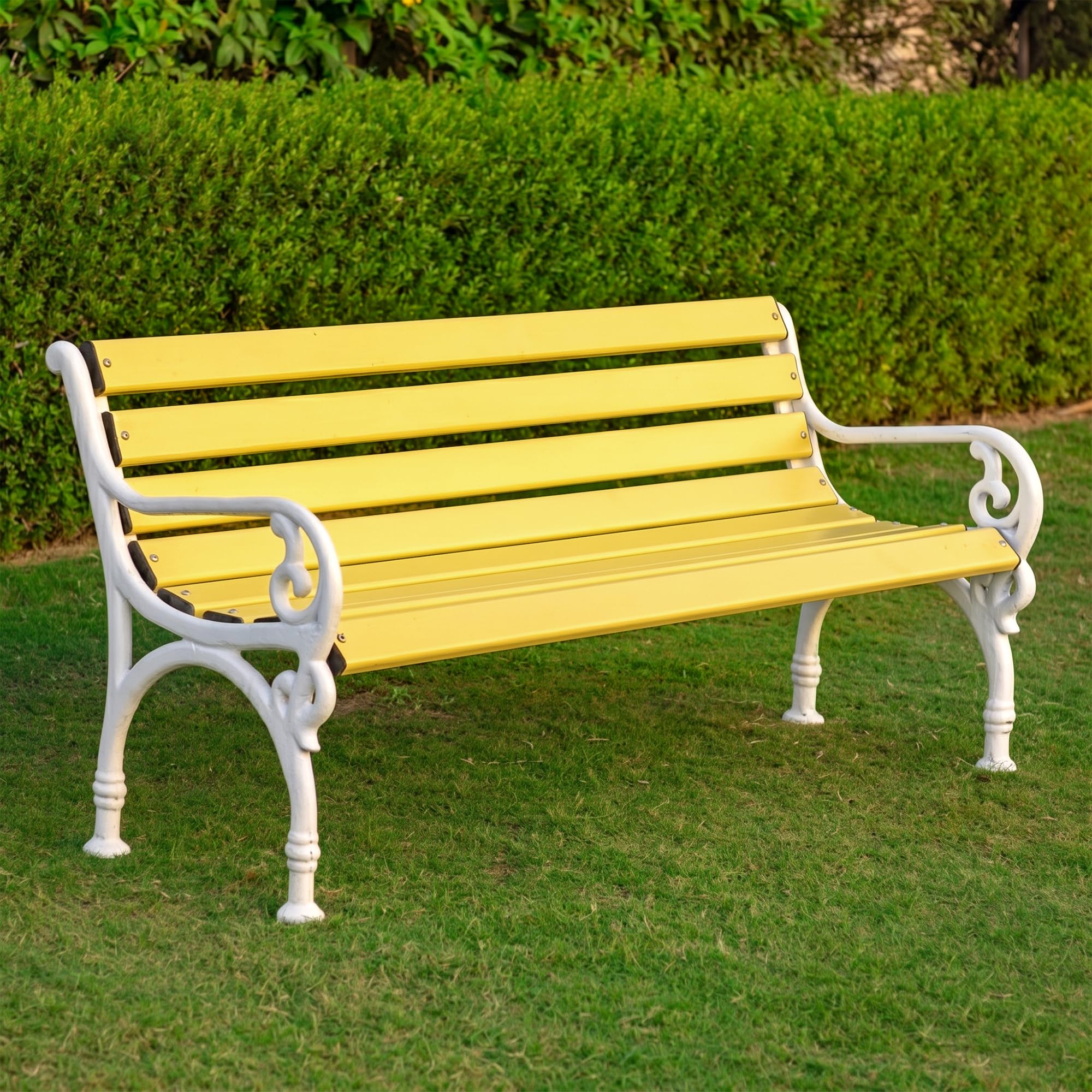 BRISHI 3 Seater Cast Iron FRP Garden Bench for Indoor & Outdoor Park/Patio/Living Room/Terrace/Balcony (Cream + White)-image-2
