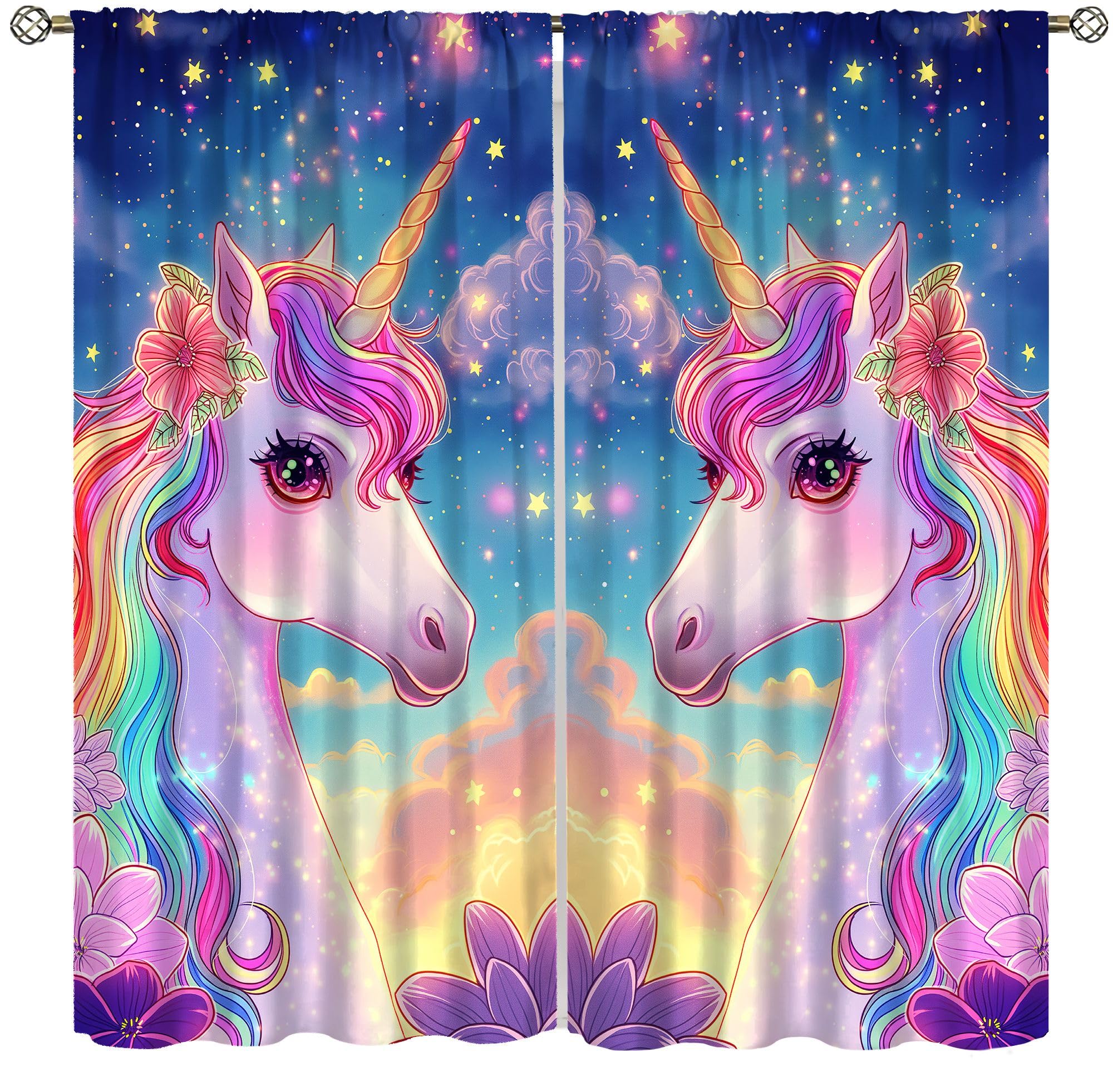 wlsgdsg Girls Rainbow Unicorn Curtains, Mystic Magic Fantasy Starry Night Beautiful Fairytale Pink Unicorns Decor Windows Treatments, Thermal