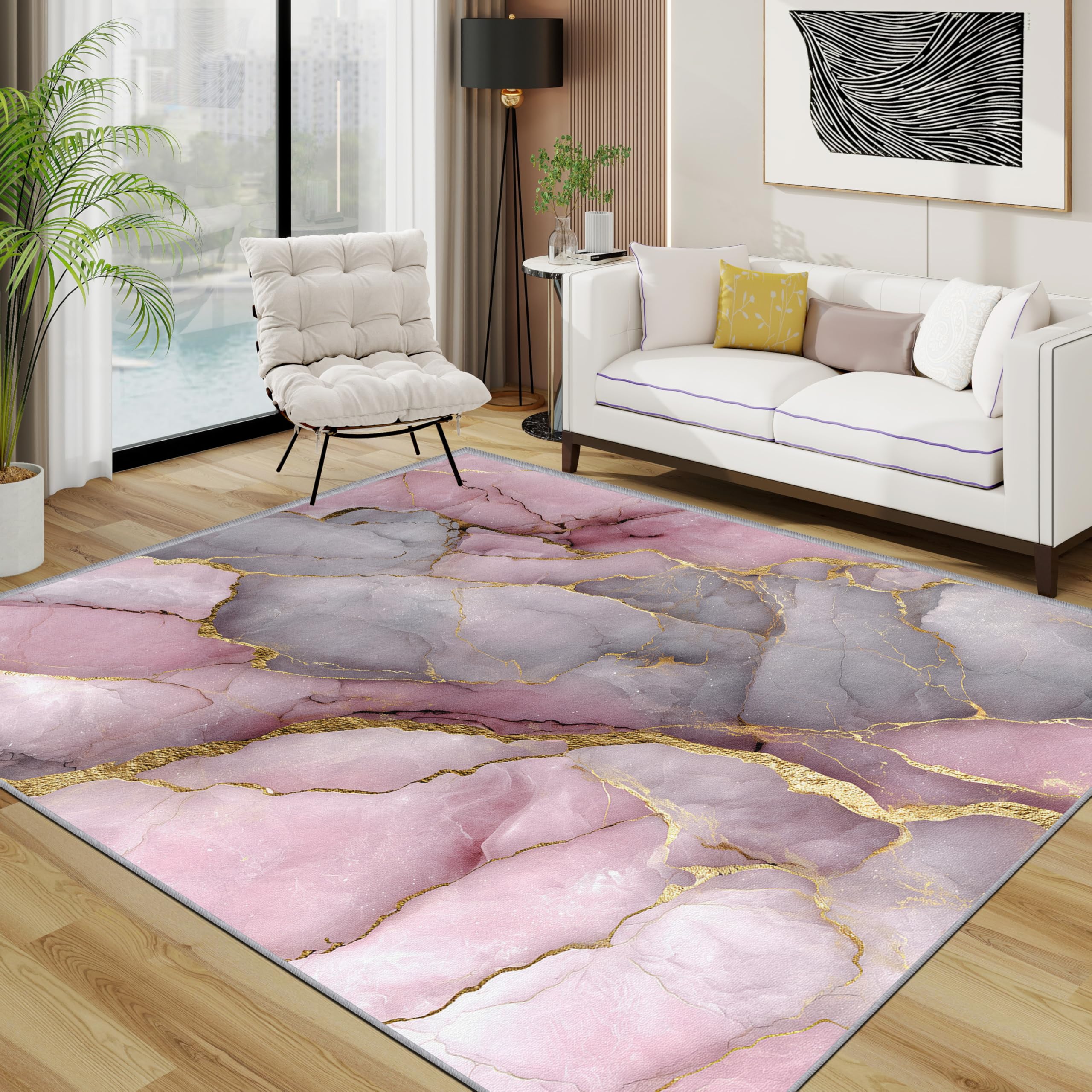 TerroVee Marble Rugs Living Room Large 140x200 - Modern Luxury Abstract Geometric Bedroom Rug, Gold Pink Washable Non Slip Low Pile Carpet, Marble House Decor