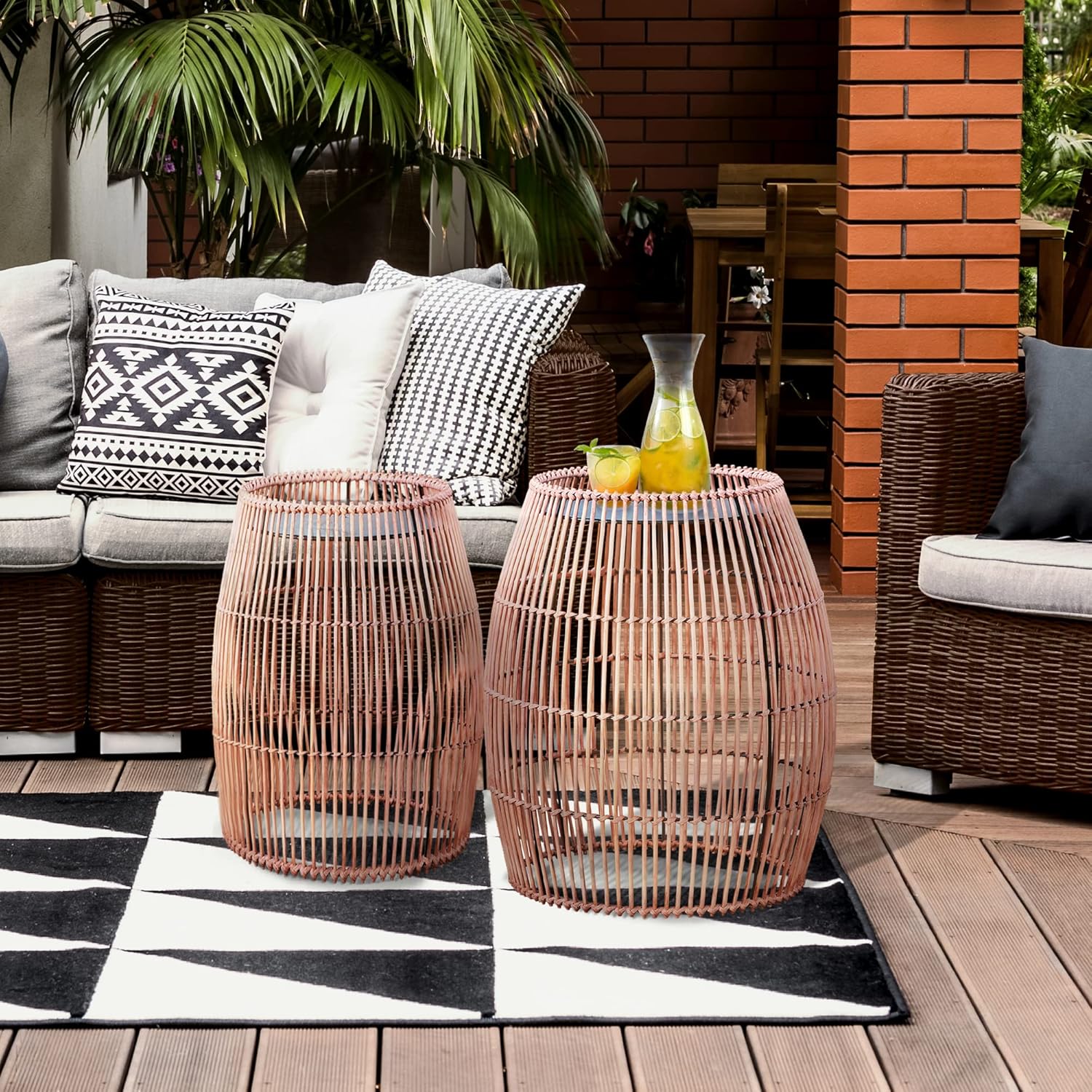 Teamson Home 20.25 in. Outdoor Water-Resistant Open Weave Bohemian Bamboo Drum Side Table with Iron Top, Brown