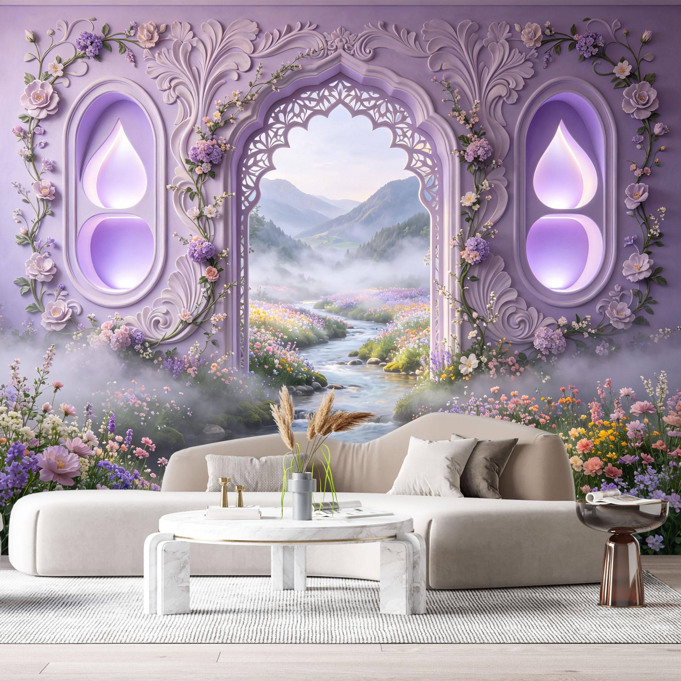 Custom Size Wall Murals Dreamlike Fantasy Archway Misty Valley Stream 3D Trompe L'Oeil SelfAdhesiveWall Fabric Removable Wallpaper Wall Decor for Living Room Bedroom Bathroom