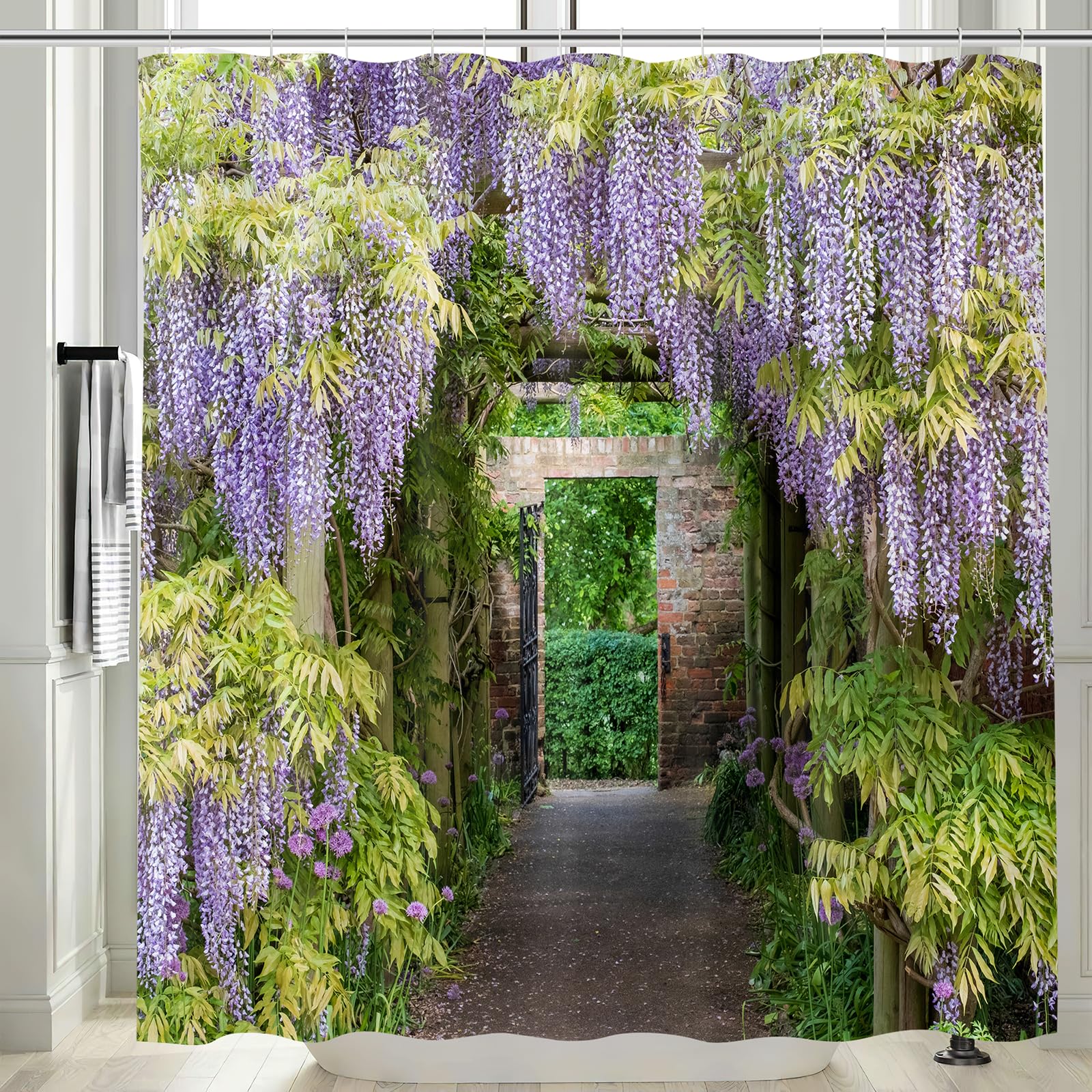 Vgzsyomqib Garden Shower Curtain Outdoor, Decorative Scene Flowers Gate View, 3D Shower Curtains for Garden Outside Bathroom Scenery, 180x180 cm Waterproof Fabric with Hooks G8806
