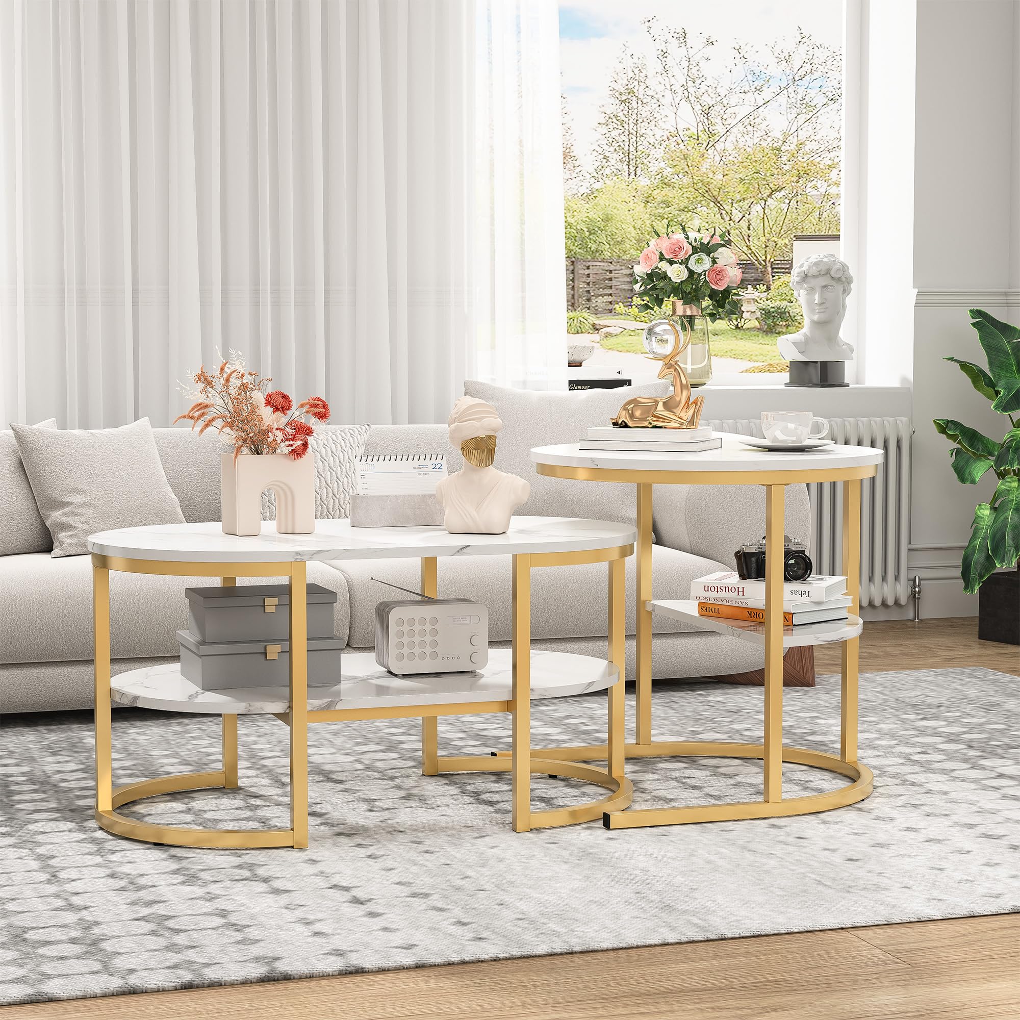 Set di 2 tavolini ovali, set di 2 tavolini 2 in 1 con spazio di archiviazione, tavolino in marmo effetto tavolino da salotto per soggiorno, balcone e ufficio (ovale, bianco + oro)