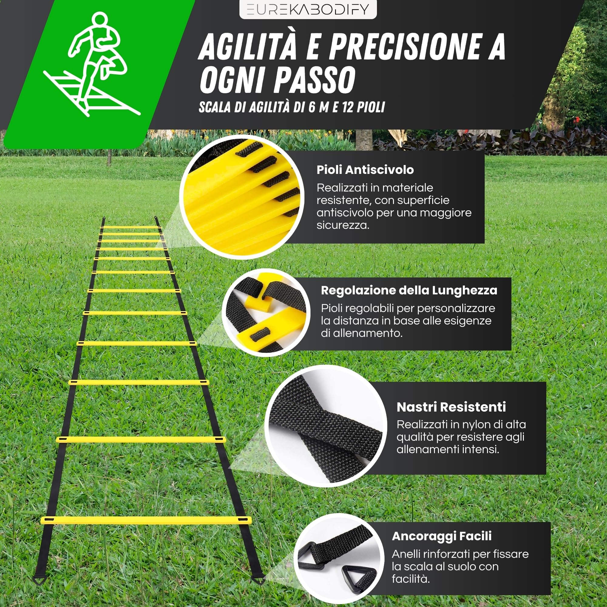 Kit Allenamento Calcio e Agilità - 10 Cinesini - Scala di Agilità 6m - Paracadute Allenamento - 3 Bande Elastiche di Resistenza - Corda per Saltare - Borsa da Trasporto