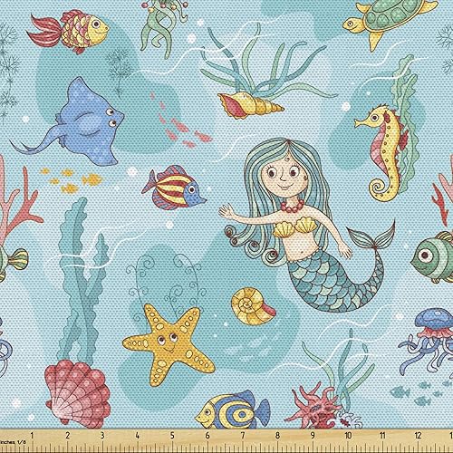 Lunarable The Yard, tela subacuática de The Yard, patrón de sirena, medusas tropicales, peces dorados, caballito de mar, tela decorativa para Azul