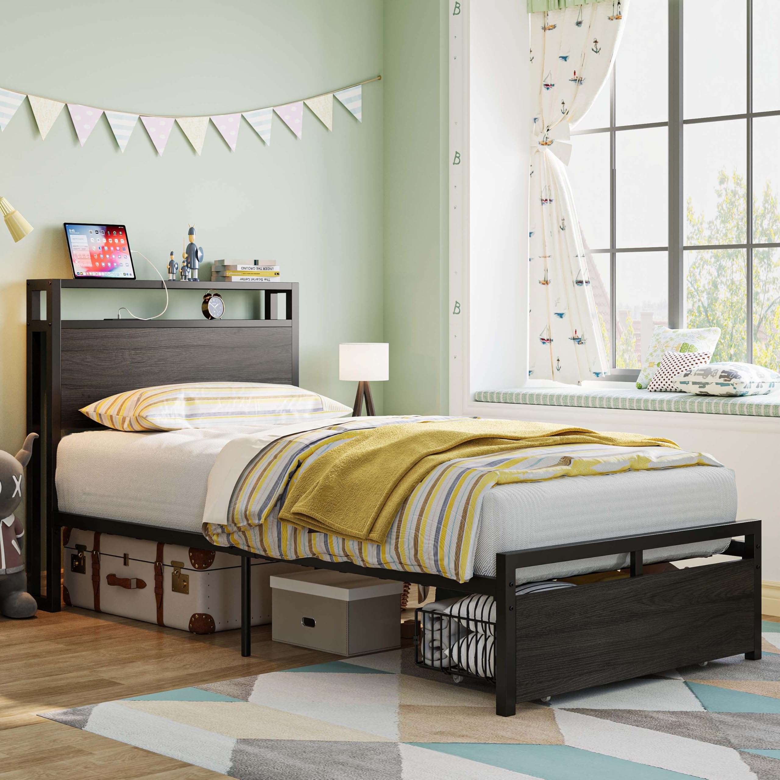 LIKIMIO Twin Bed Frames with Drawer, Storage Headboard with Outlets, No Box Spring Needed, Easy Assembly, Gray Black