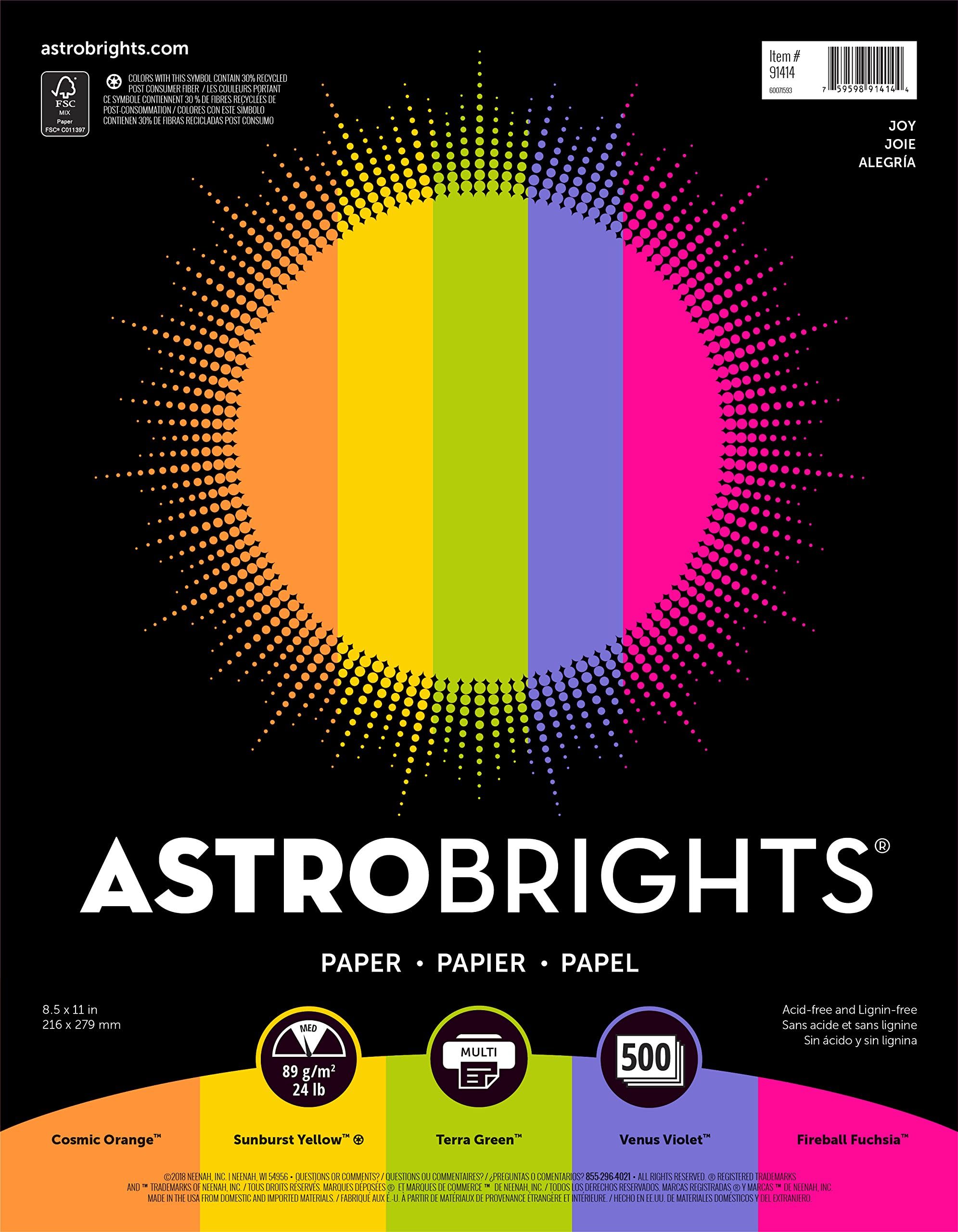 Astrobrights Color Paper, 8.5" x 11", 24 lb/89 gsm,"Joy" 5-Color Assortment, 500 Sheets (91414)