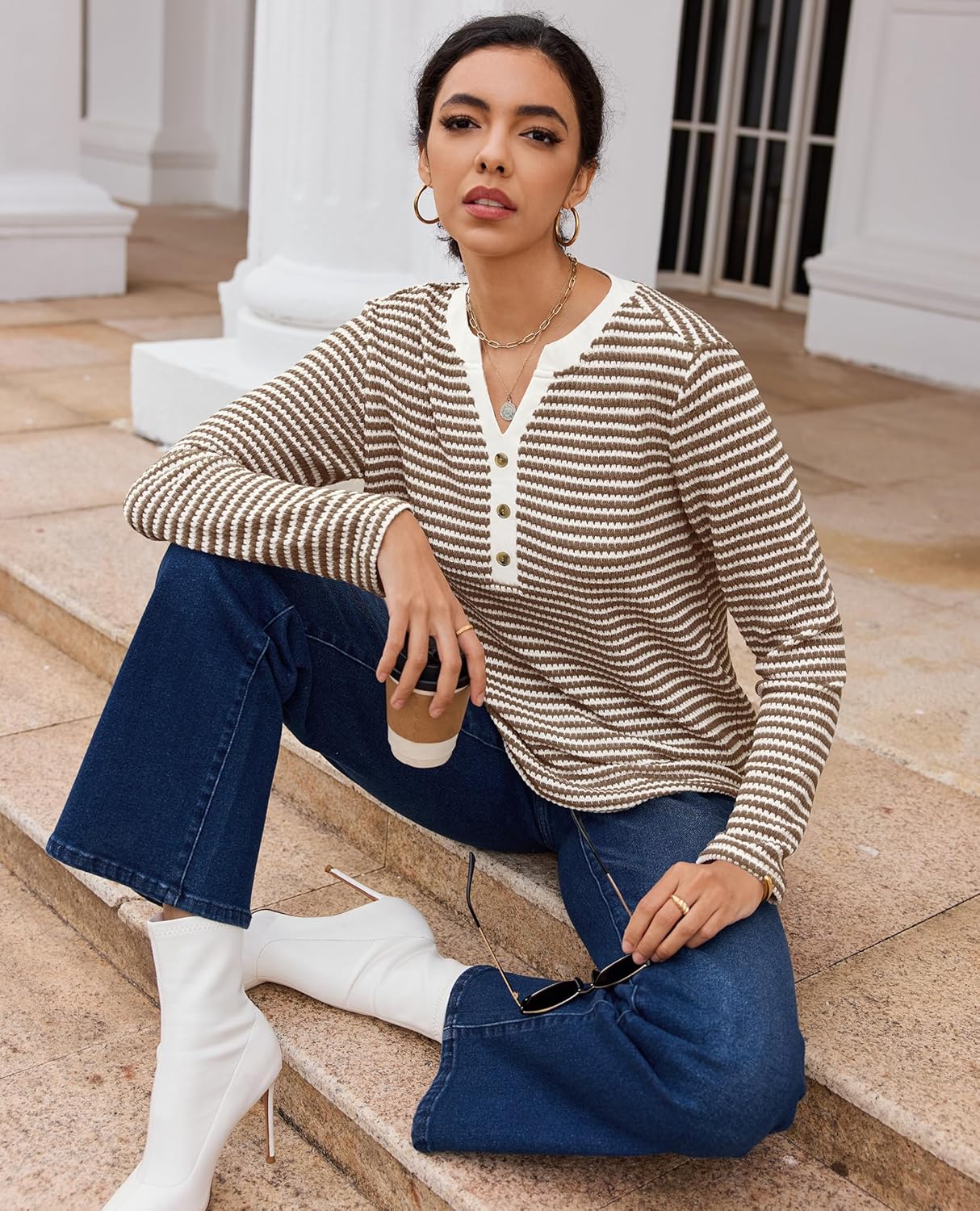 Striped Long Sleeve Shirt Women Waffle Knit Tops V Neck Shirts Womens Blouses Basics Clothing Cruise Outfit - Image 4