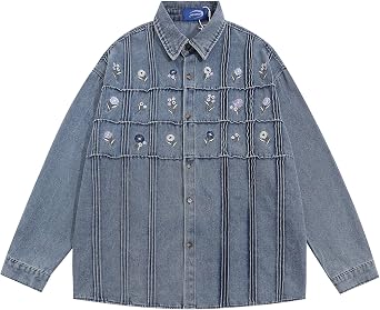 Y2K Oversized Denim Jacket Women Floral Embroidered Jean Jacket Vintage Fairycore Clothing