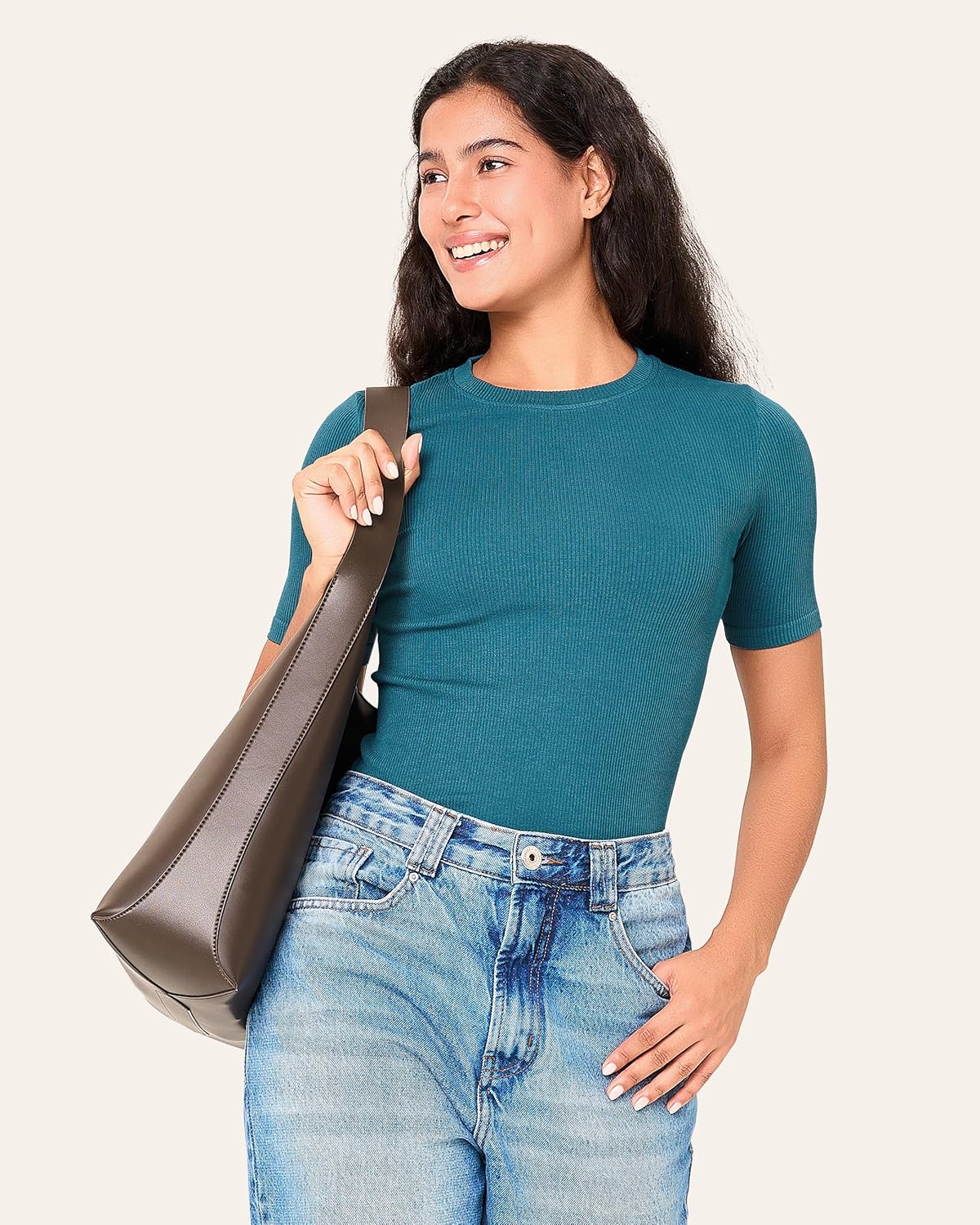 BAMBOO COOL Women's Seamless Tight T-Shirts Slim Fit Basic Ribbed Tees Short Sleeve Crew Neck Top - Image 2