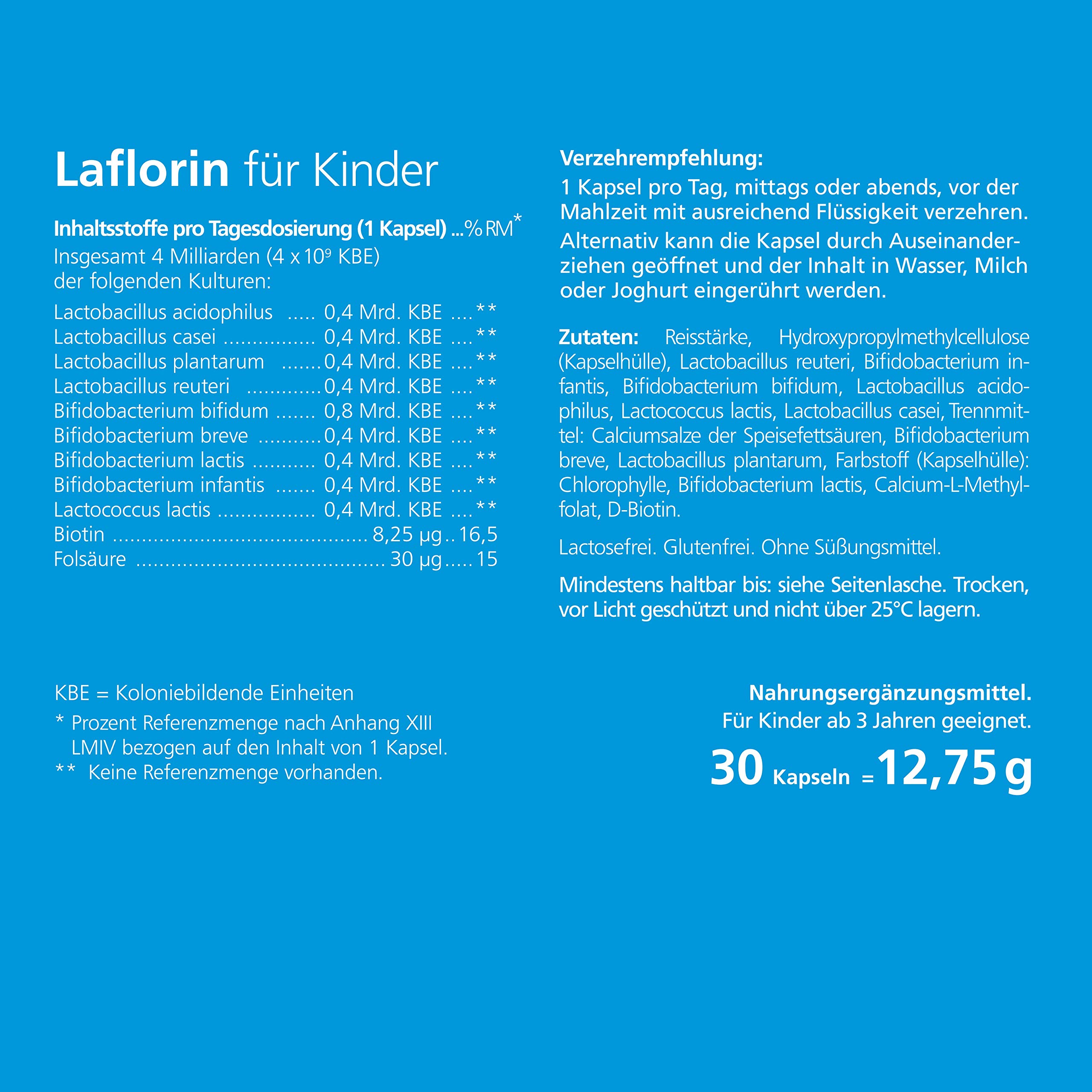 Laflorin für Kinder. 9 Darmbakterien-Kulturen, 4 Mrd. KBE, Biotin, Folsäure | Kindgerechte Nahrungsergänzung für unsere Kleinen – mit Biotin für normale Schleimhäute und Folsäure für das Immunsystem