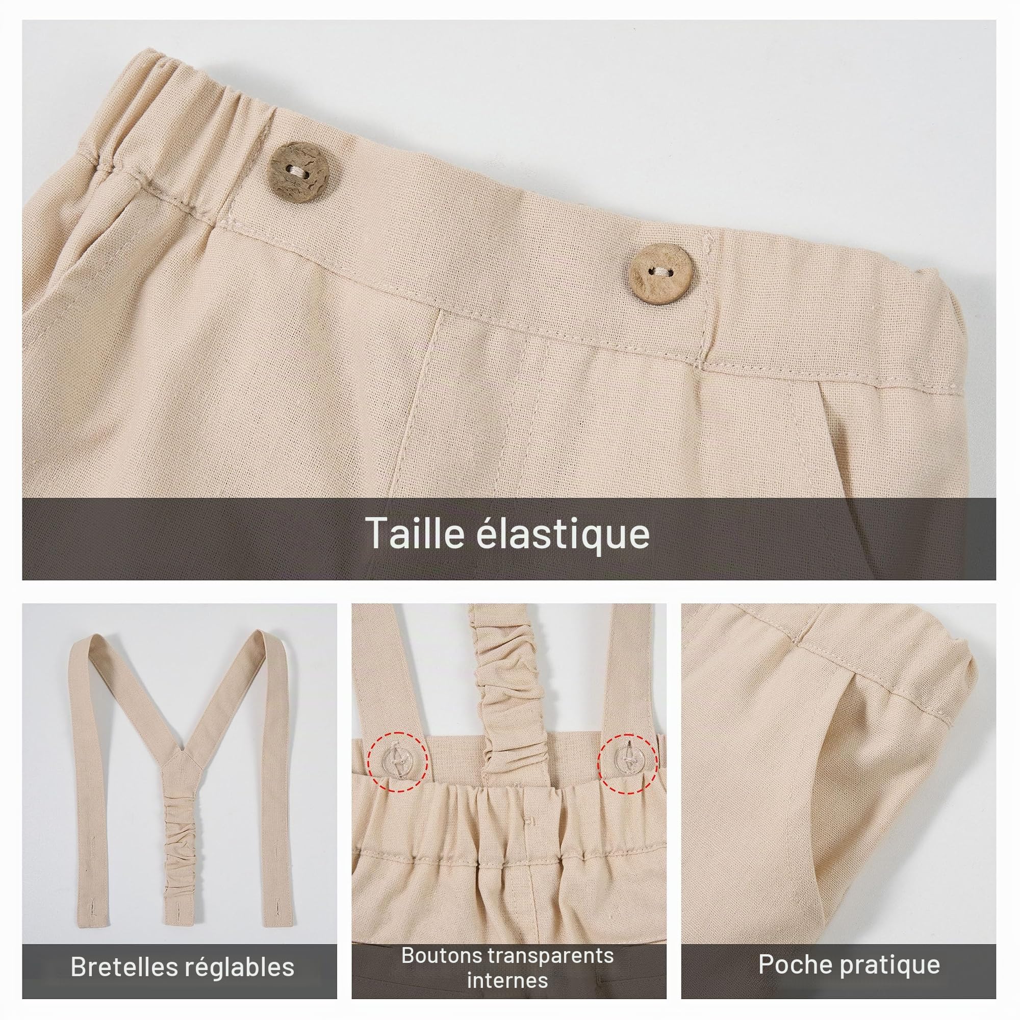 Volunboy Ensemble Costume Bébé Garçon, Coton Lin Cérémonie Formel Mariage 4 Pièces Noeud Papillon Chemise + Pantalon Bretelle