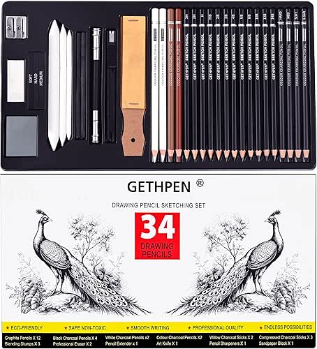Sketch Pencils for Drawing,34 Pcs,Graphite Pencil (14B-4H), Charcoal Pencil,With Graphite
