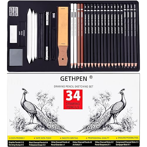 Sketch Pencils for Drawing,34 Pcs,Graphite Pencil (14B-4H), Charcoal Pencil,With Graphite Sticks, Erasers and Sharpener, Art Pencils for Sketching,Artist Set for Beginners and Professionals