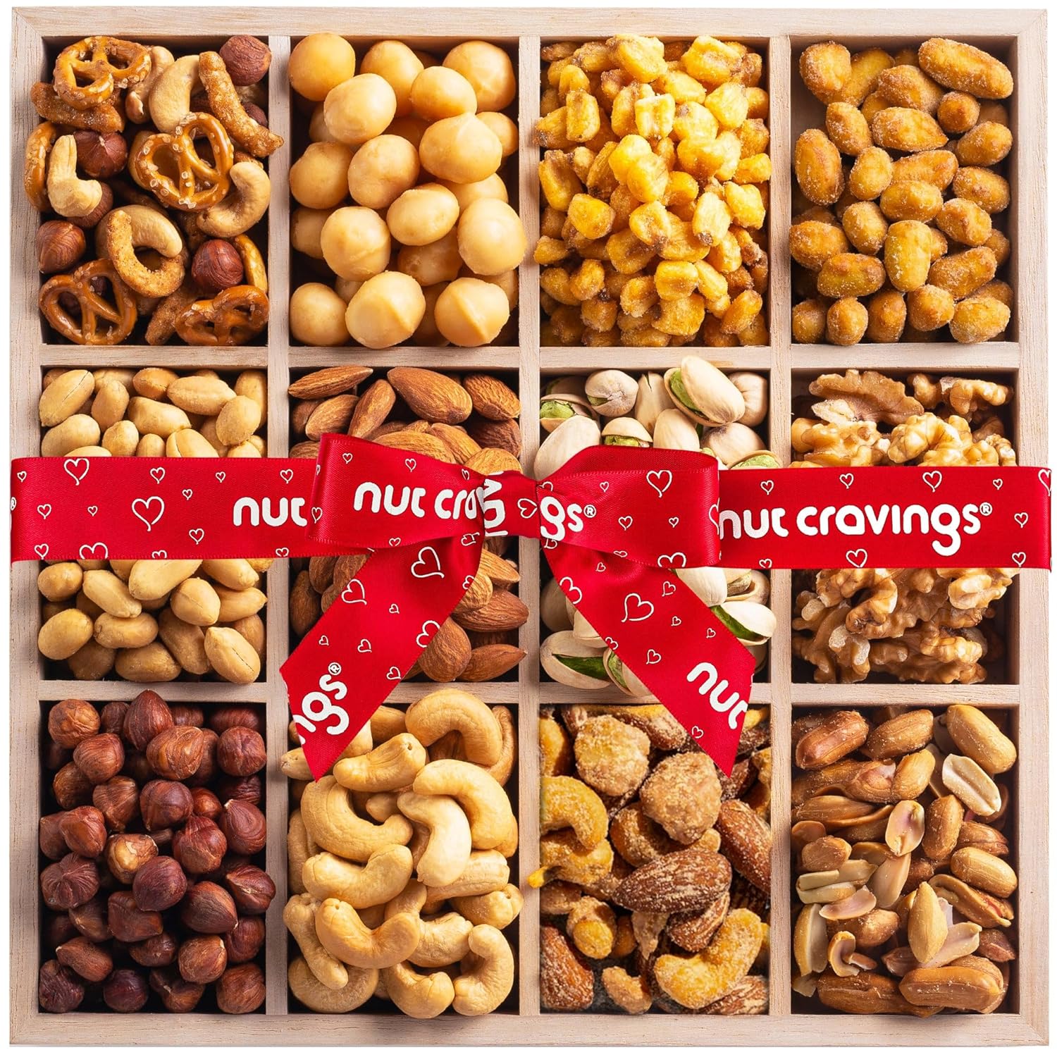 38% Off - NUT CRAVINGS - Thanksgiving Mixed Nuts Gift Basket in Reusable Wooden Tray + Heart Ribbon (12 Assortments)