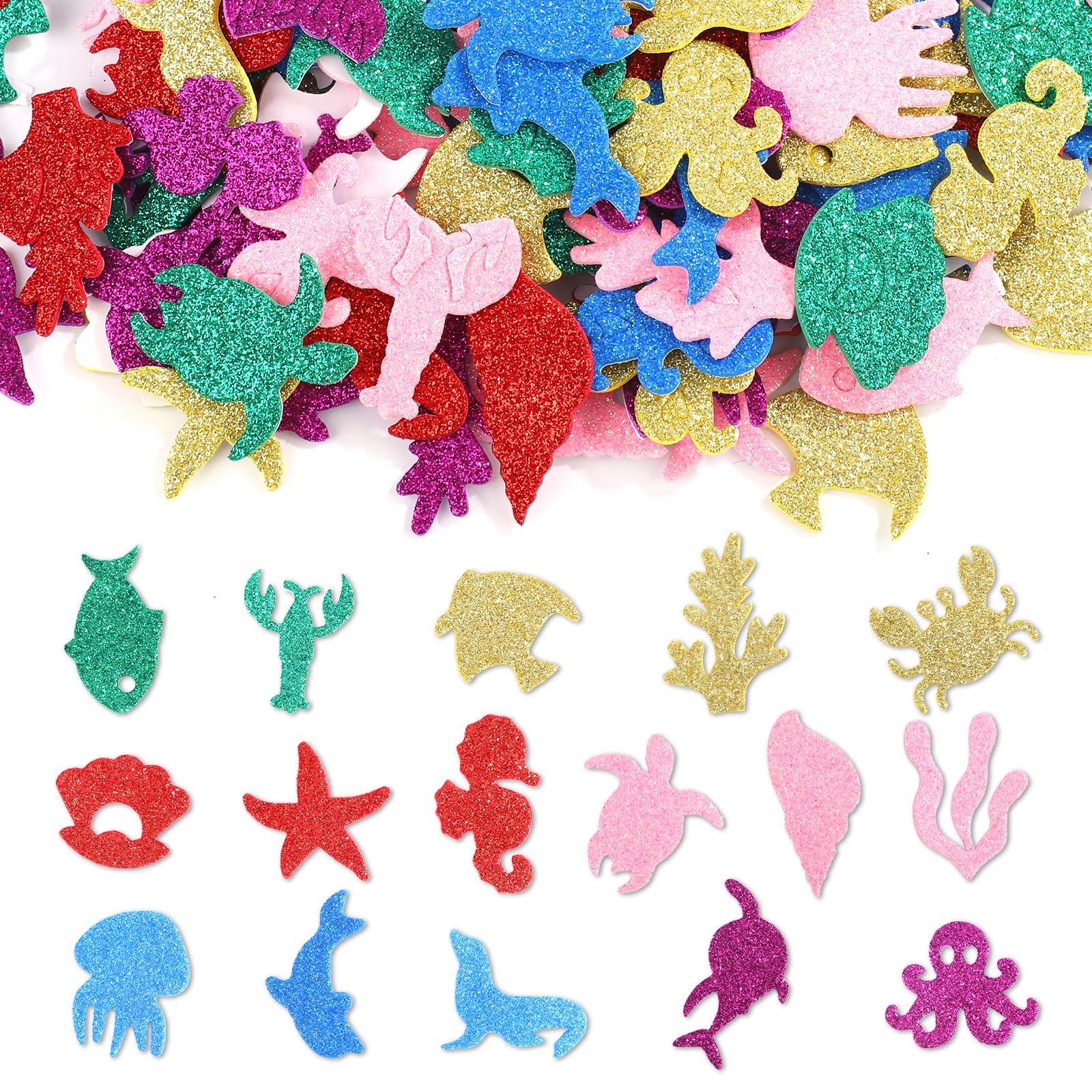 Pack of 180 Glitter Foam Stickers with Sea Creatures, Confetti with Sea Motifs, Starfish, Turtles, Dolphins, Seagrass Crafts for Birthday Parties, Wedding Decorations