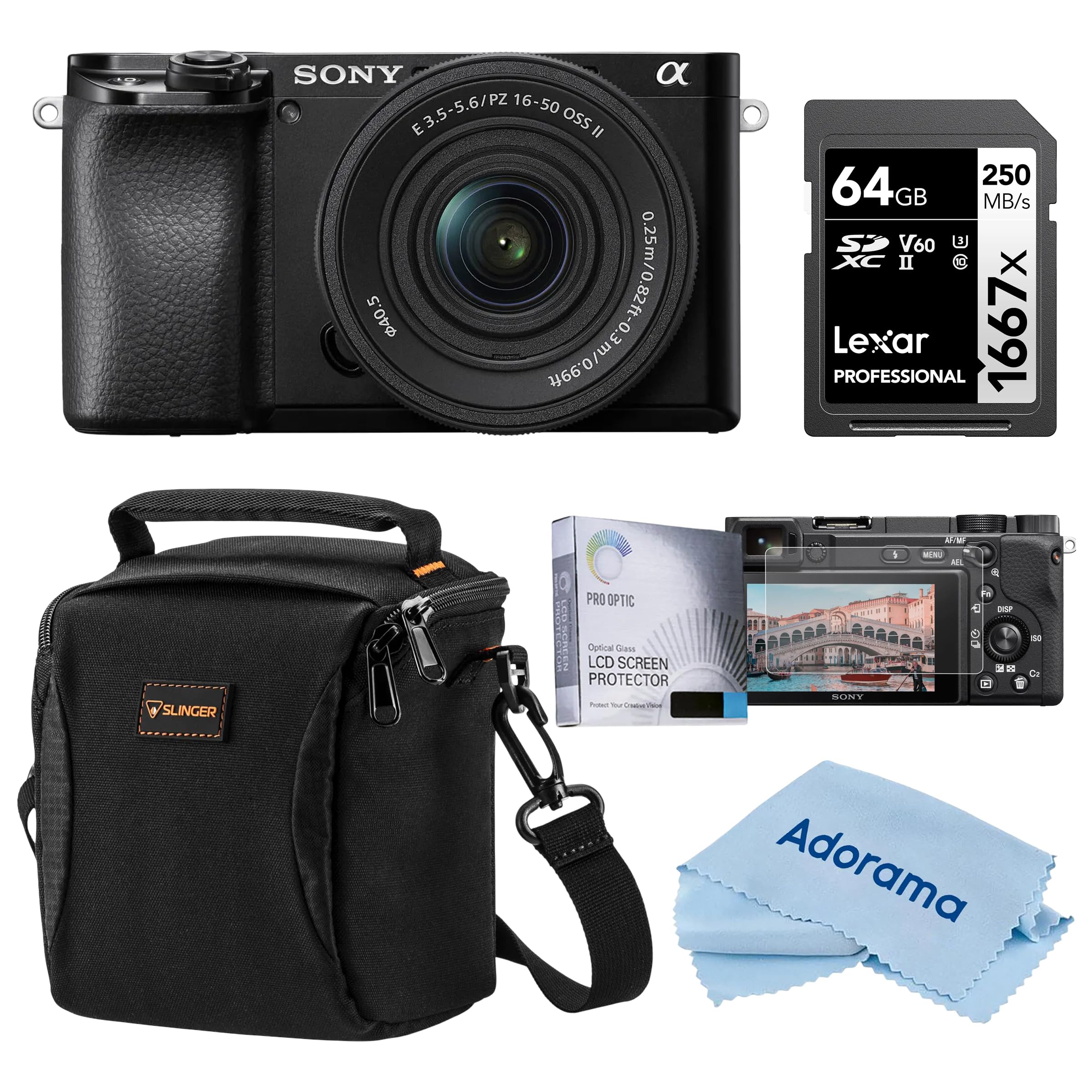 Sony Alpha a6100 Mirrorless Camera w/E PZ 16-50mm f/3.5-5.6 OSS II Lens, Black Bundle with 64GB Memory Card, Shoulder Bag, Cleaning Cloth, Screen