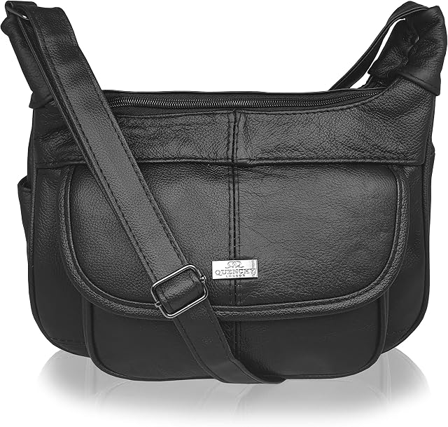 Quenchy London Leather Ladies Handbag - Cross Body Shoulder Hand Bag - Single Adjustable Across The Chest Strap - Multiple Pockets - Medium Size - Black Real Cow Hide QL747K