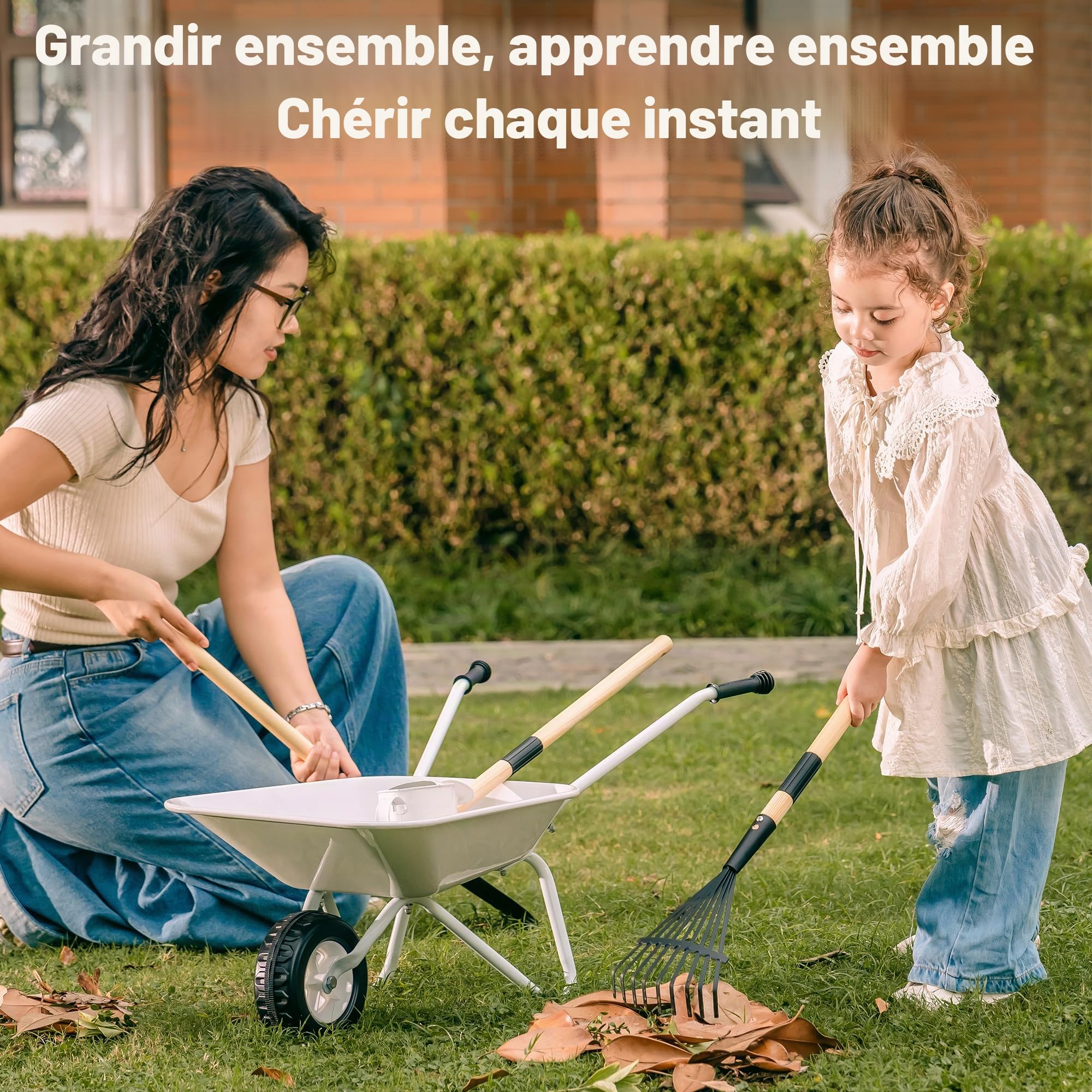 ROBOTIME Brouette et outils de plantation en métal pour enfants, 5 pièces, gris-noir, avec poignée réglable en bois de pin, arrosoir, râteau, pelle, pour garçons et filles à partir de 3 ans