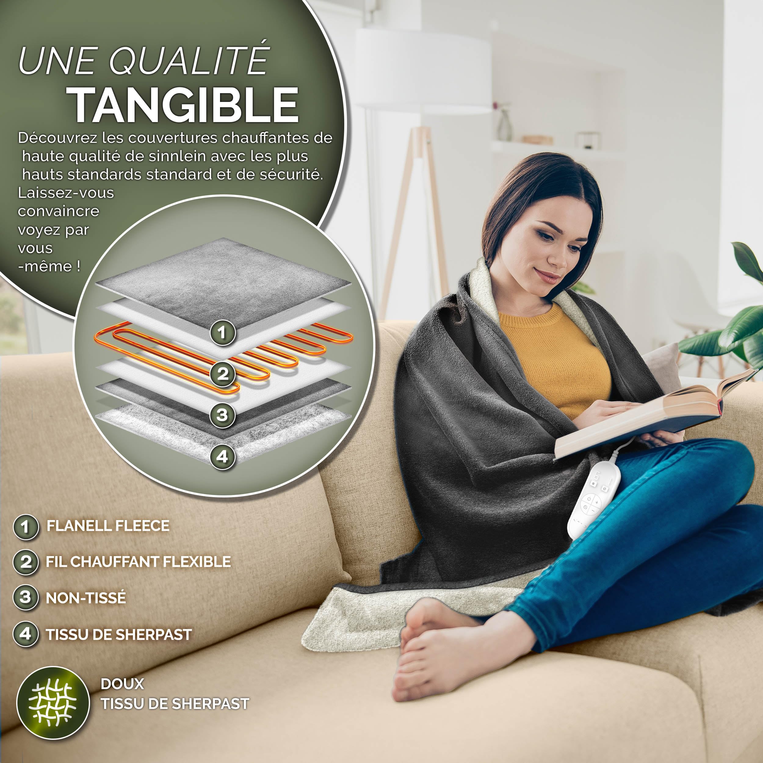 sinnlein® Couverture chauffante 200 x 180 cm avec arrêt Automatique | Plaid électrique avec 9 Niveaux de température | Couverture Douillette Lavable