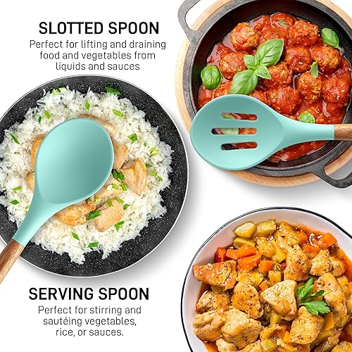 Miniatura 4 de Zulay Kitchen Juego de utensilios de cocina de silicona antiadherente con auténticas asas de madera de acacia, juego de utensilios de silicona de 5