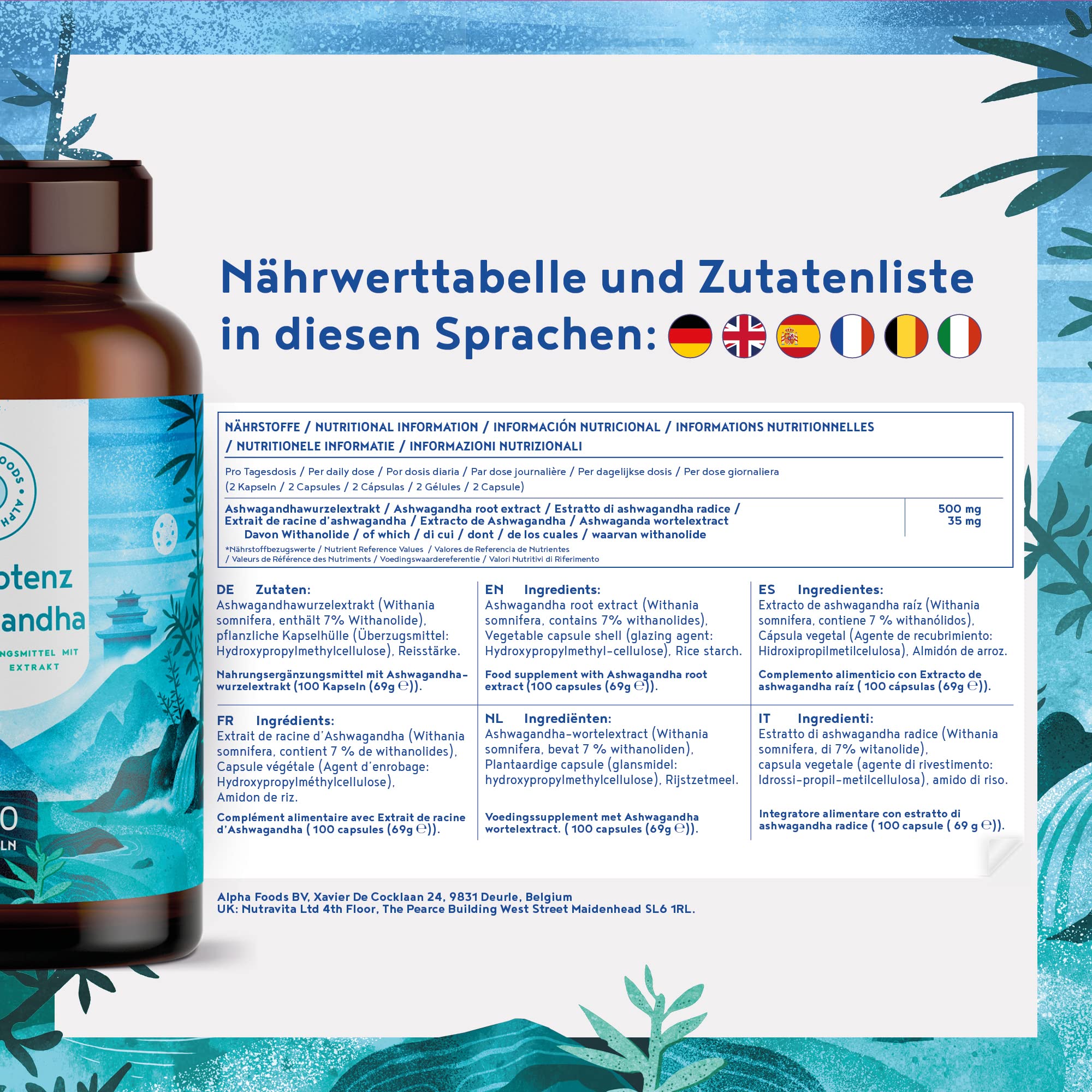 Ashwagandha Kapseln hochdosiert - 500mg Ashwagandha Extrakt pro Tagesdosis mit 35mg Withanolide - indische Schlaf Beere - 100 vegane Kapseln