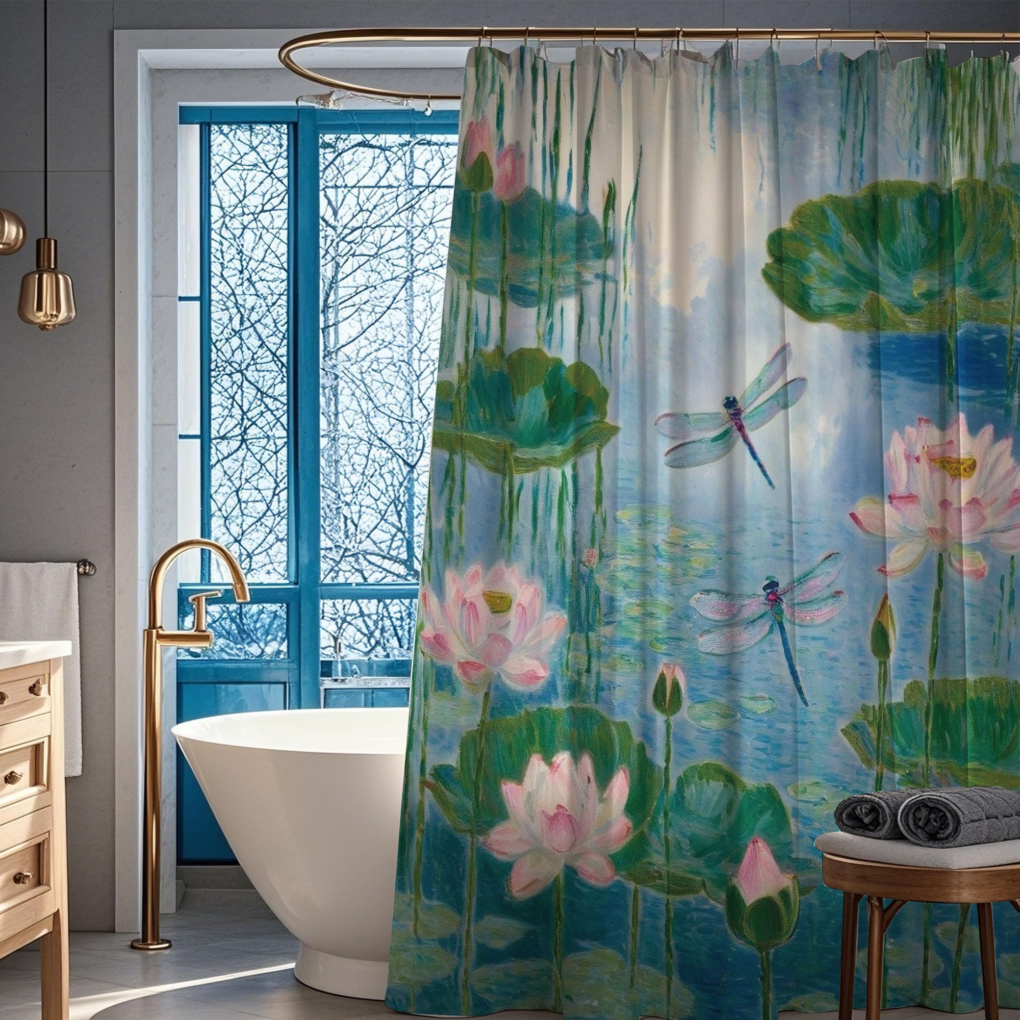 Pakena Lotus Dragonfly Shower Curtain Pink Green Asian Flower Chinese Floral Art Shower Curtain Set for Bathroom Aesthetic Spring Plant Botanical Bath Curtain Modern Art Bathroom Decor 60x72 Inch