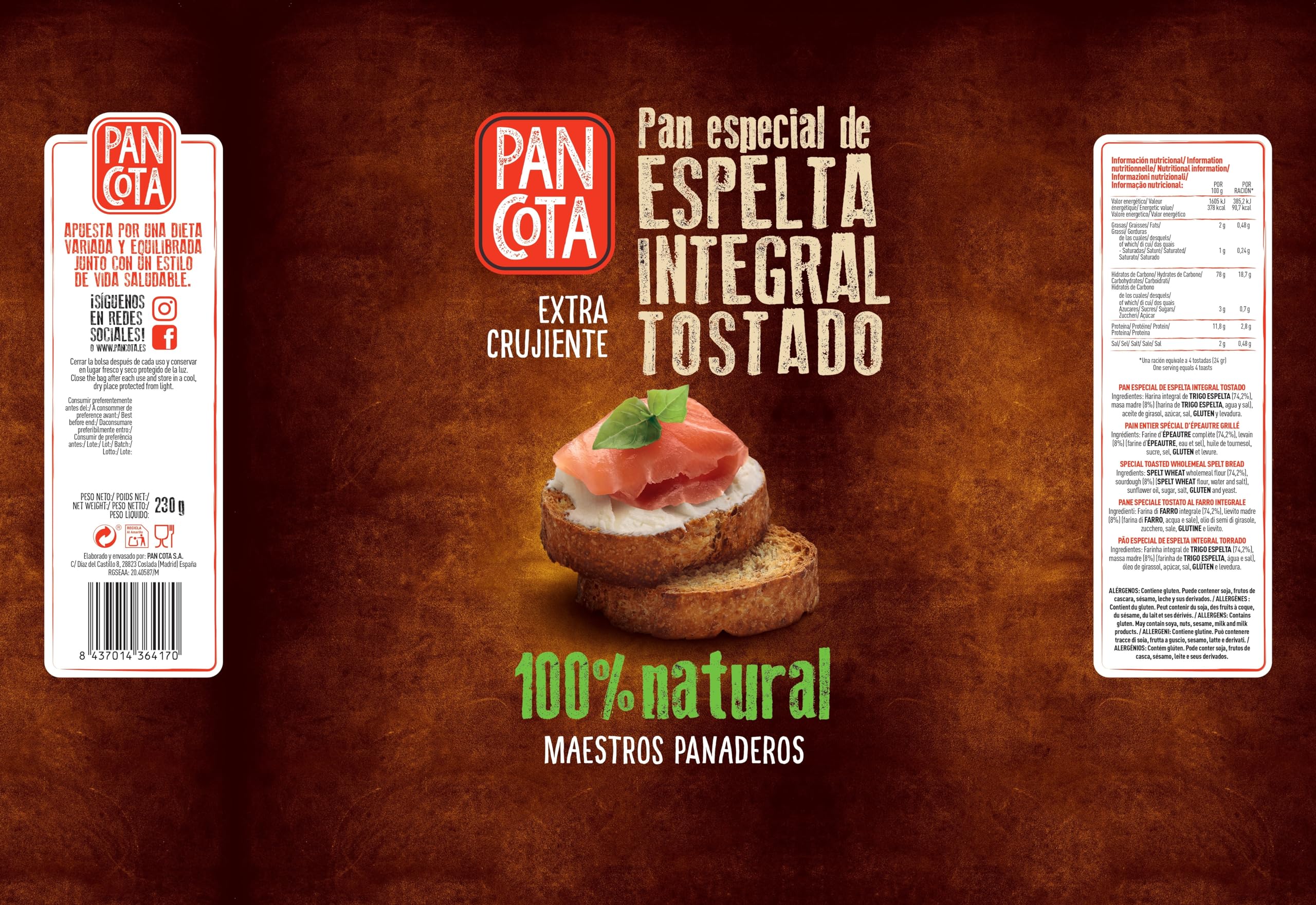 Pan Especial de Espelta Integral Tostado de Pan Cota (caja con 8 bolsas)