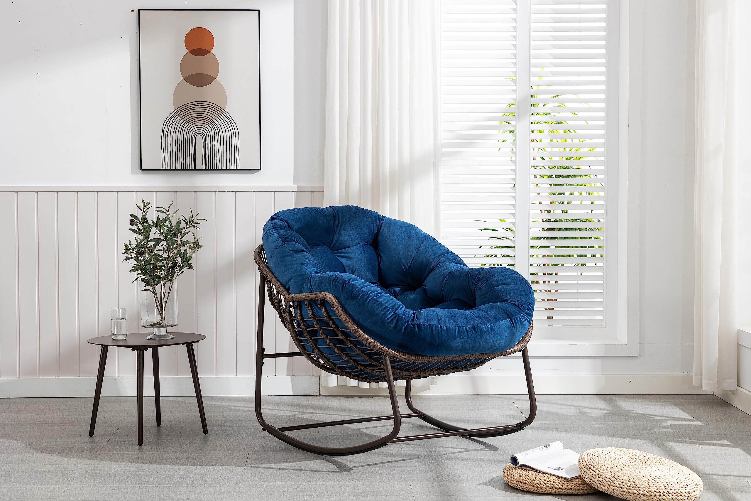 Silla mecedora de ratán para exteriores, acolchada, para terraza, jardín, porche, salón en azul marino