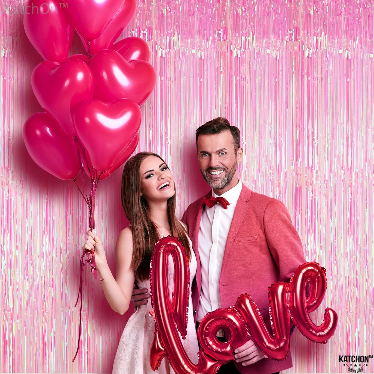 KatchOn, XtraLarge Iridescent Pink Backdrop Curtain - 3.2x8 Feet | Pink and Silver Balloon Arch Kit - Pack of 134 | Red Happy Galentines Day Banner - 2 Strings | Galentines Day Decorations for Party