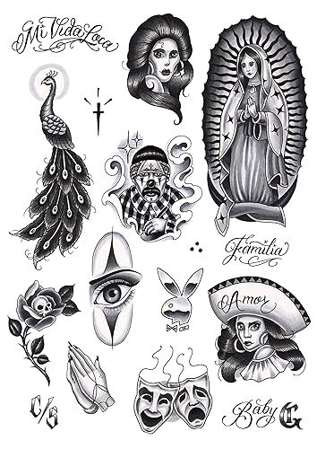 Tatsy Chicano, juego de tatuajes temporales para hombres y mujeres, tatuajes falsos de temperatura corporal, cultura estilo chicana Gansta Lowrider,