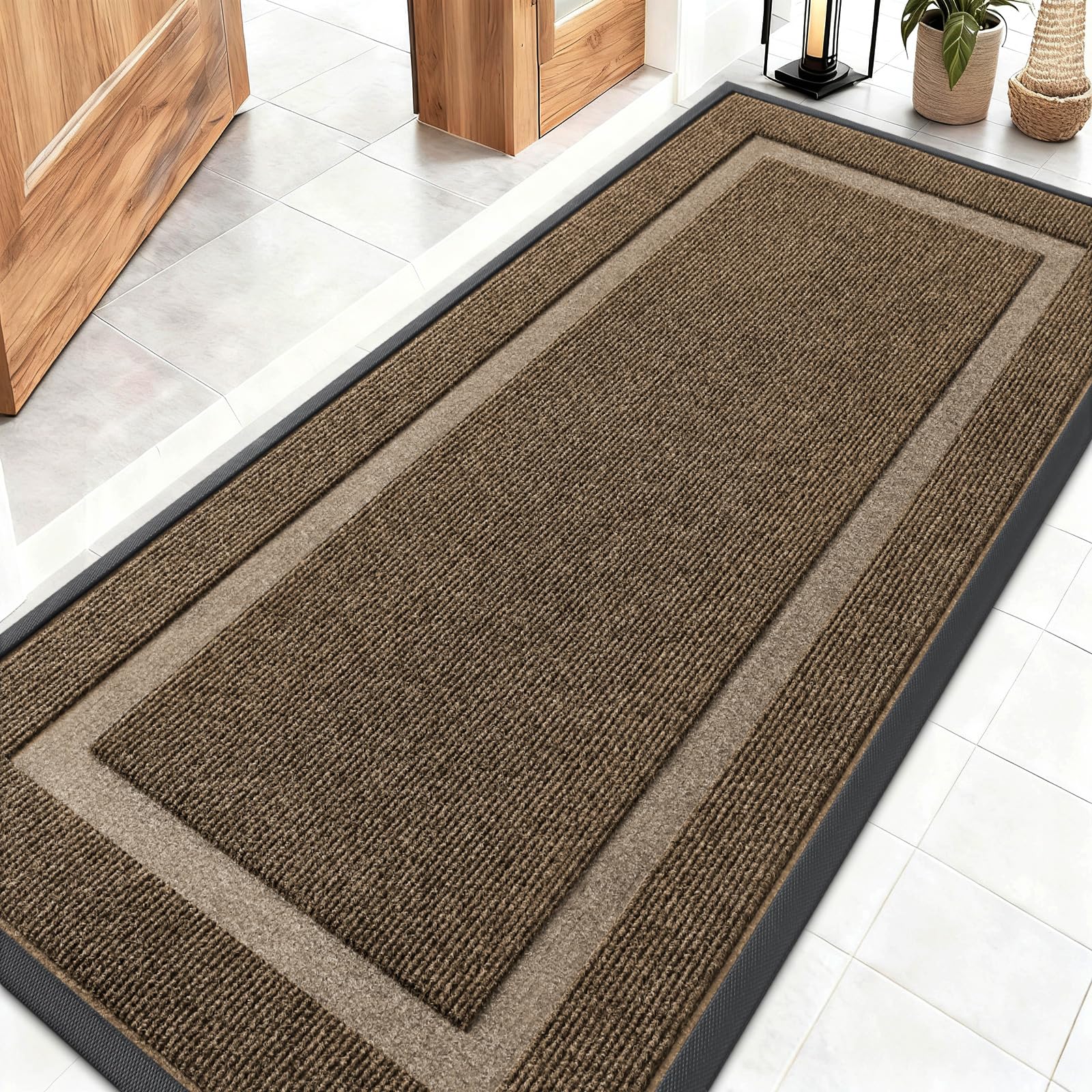 OLANLY Front Door Mat Indoor Outdoor Entrance, Waterproof All-Season, All-Weather Doormat, Sturdy Natural Rubber, Fade Resistant, Low Profile, Easy Clean Patio Porch Entryway Mat, 59x24, Brown