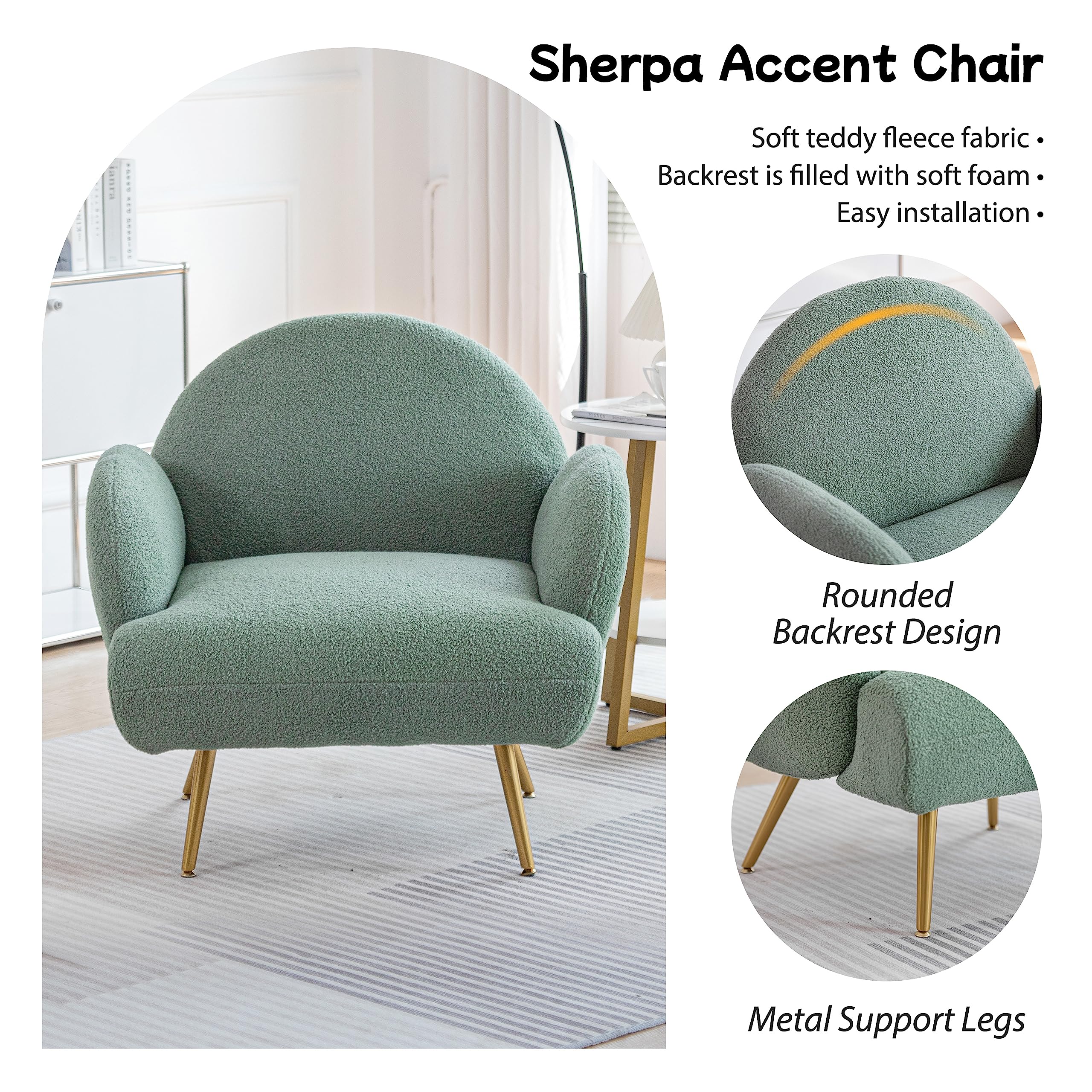 AISALL Poltrona Imbottita, Sedia da Salotto Moderna con Gambe in Metallo Nero, Poltrona da Salotto/Camera da Letto/caffè, Sedia da Divano, Colore Verde