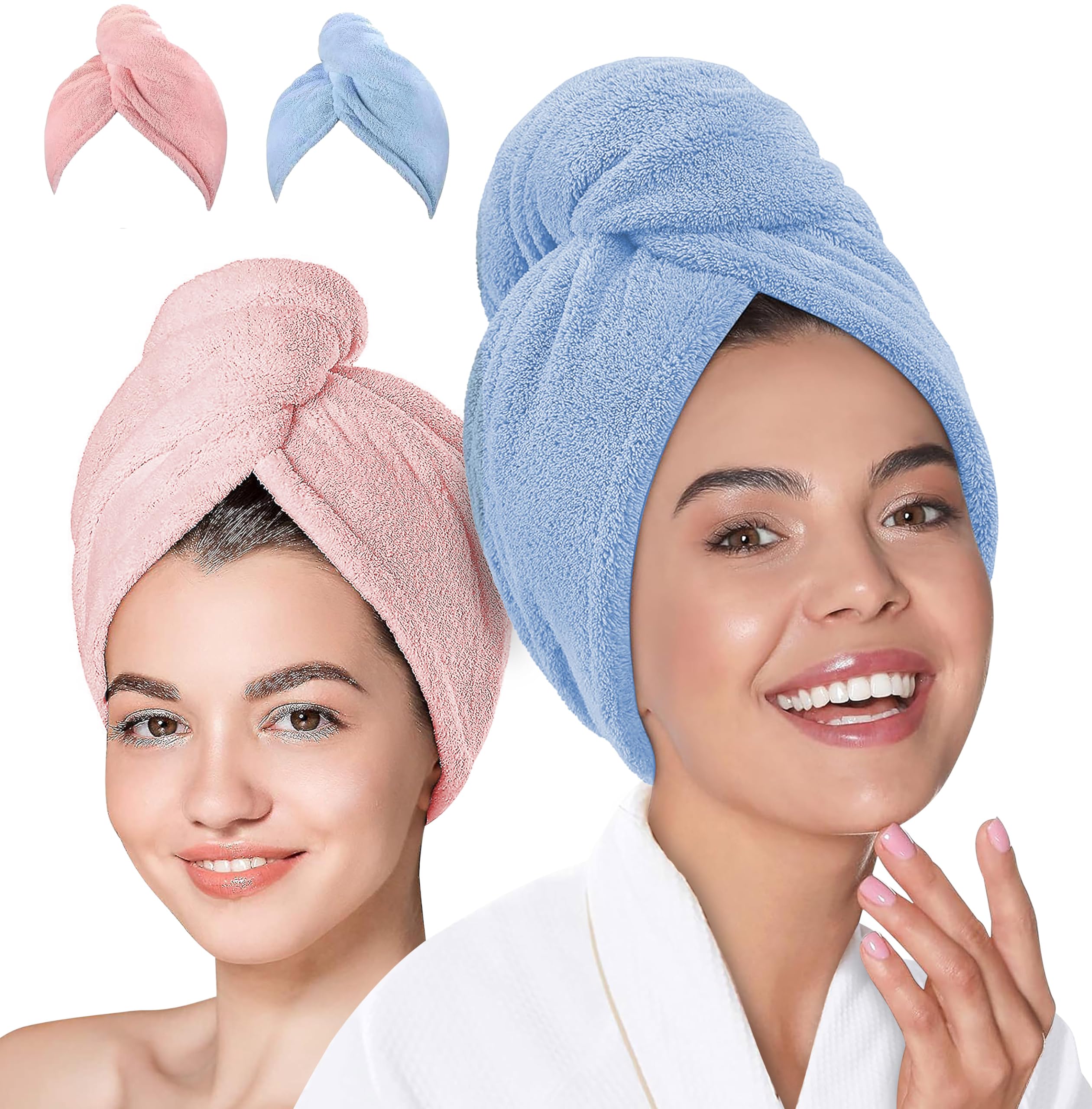Microfiber Hair Towel 2 Pack; Fast Hair Drying; Water Absorbent Cap for Women; Soft Bath Turban with Buttons (Pink + Blue) (Pink + Blue, 2)