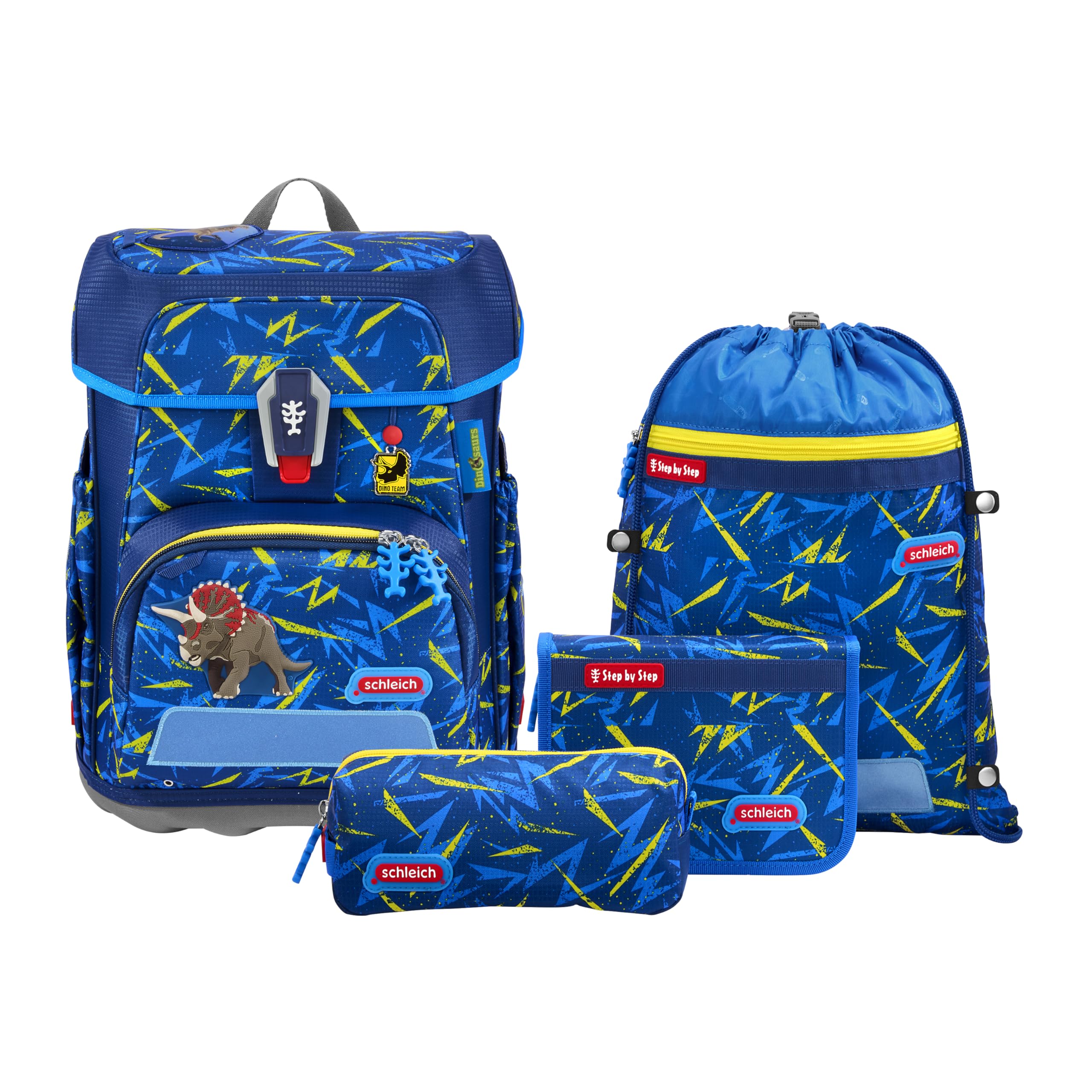 Step by Step Juego de mochila escolar Cloud de 5 piezas, macuto ergonómico con reflectores, altura regulable con cinturón fácil para niños a partir de 1ª clase, 19 l, Triceratops - Azul-amarillo