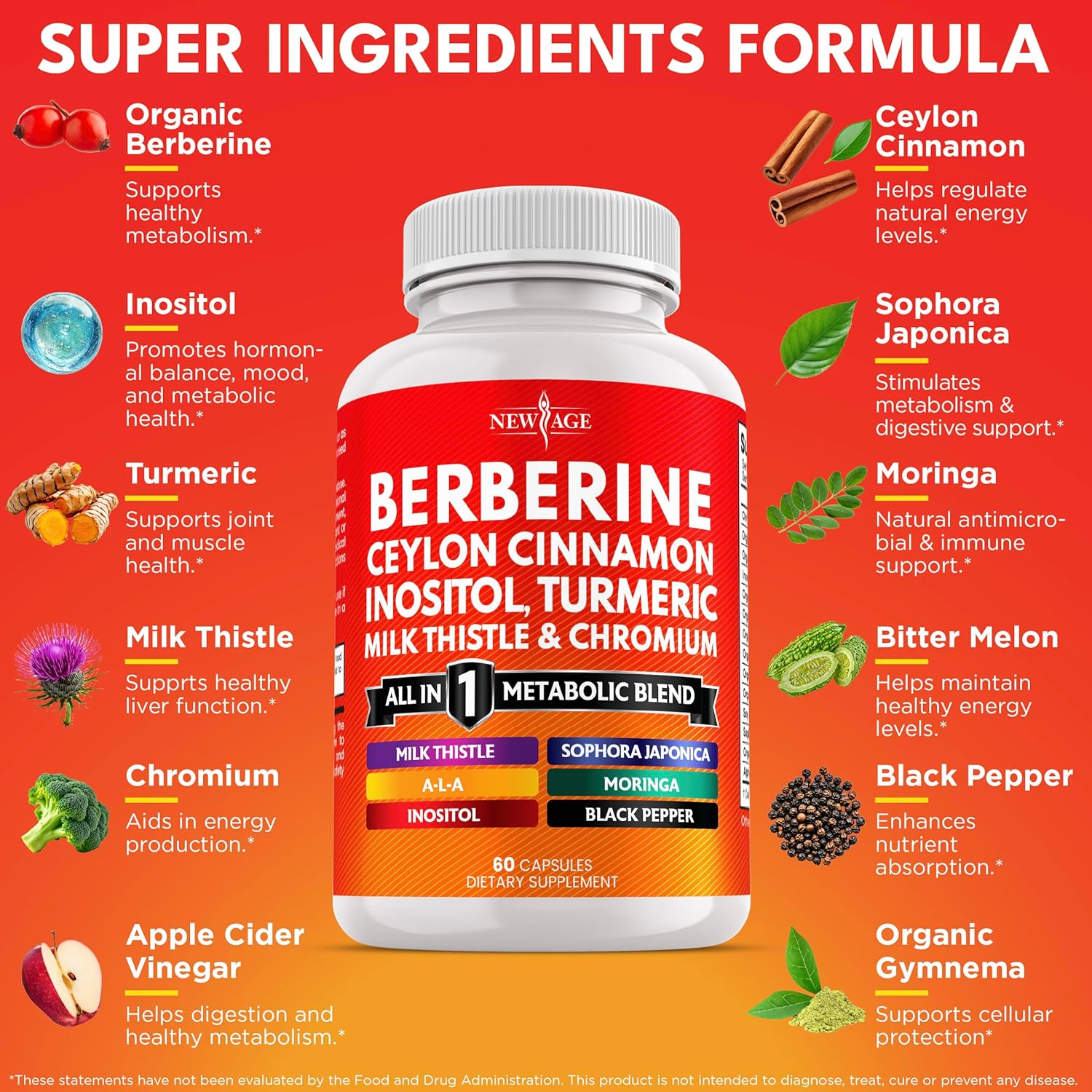 Berberine and Ceylon Cinnamon Supplement - Bitter Melon, Glucomannan, Gymnema Sylvestre, Chromium, Moringa, Milk Thistle, Turmeric, Inositol Pills - 180 Count