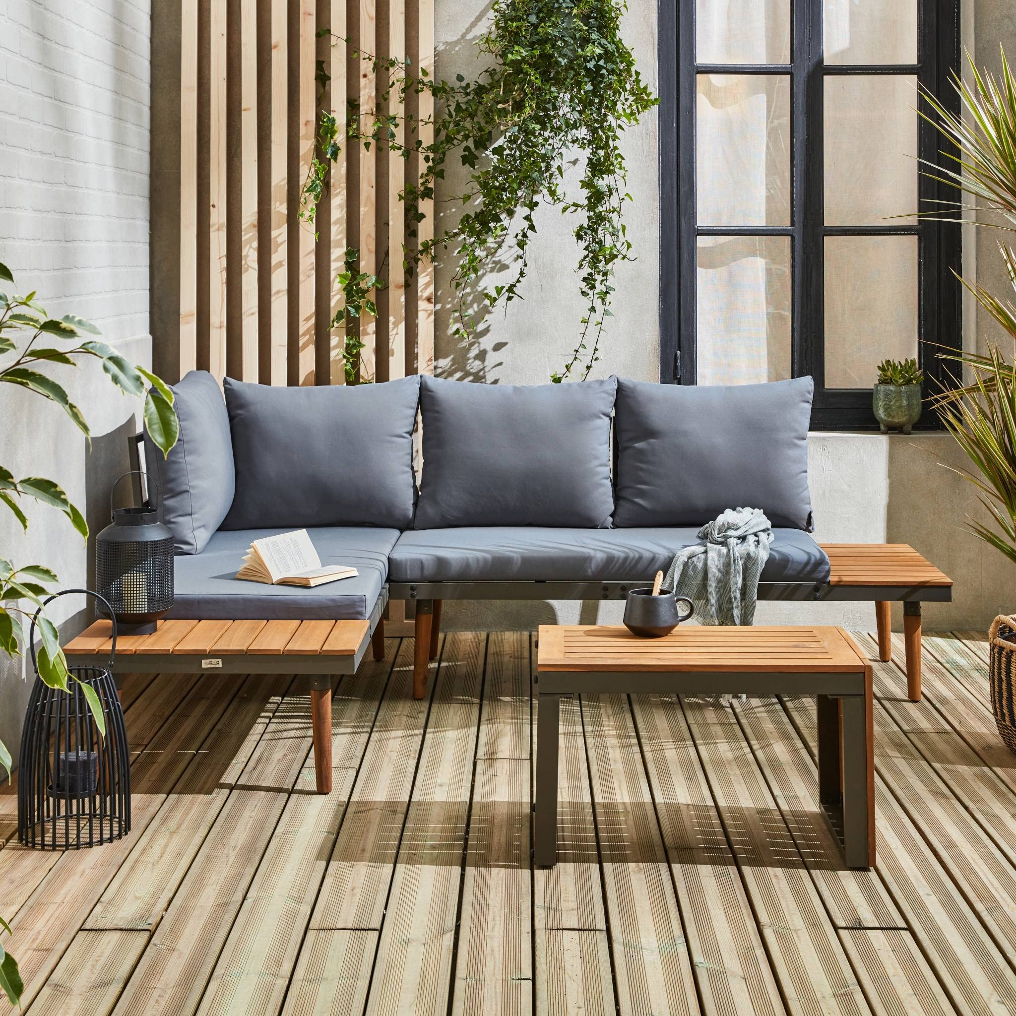 Alice's Garden - Salon de Jardin Anthracite et Gris modulable en Aluminium et Bois d'acacia. 4 Places. Sao Paulo. 140 x 68 x 65cm