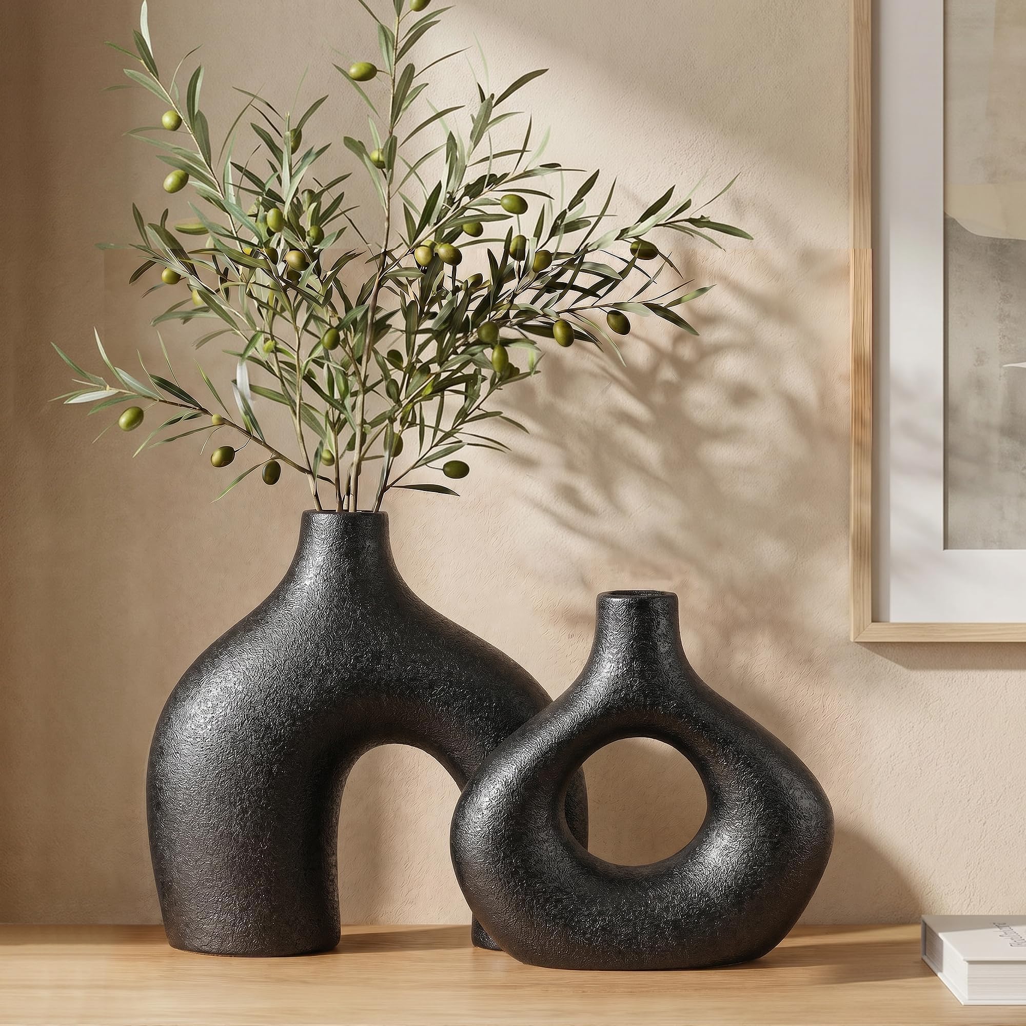 Ceramic Flower Vase Home Decor Set of 2, Farmhouse Table Vases Rustic Vintage Living Room Kitchen Bedroom Decorations for House Book Shelf Office Coffee Desk Dining Fireplace (Black)
