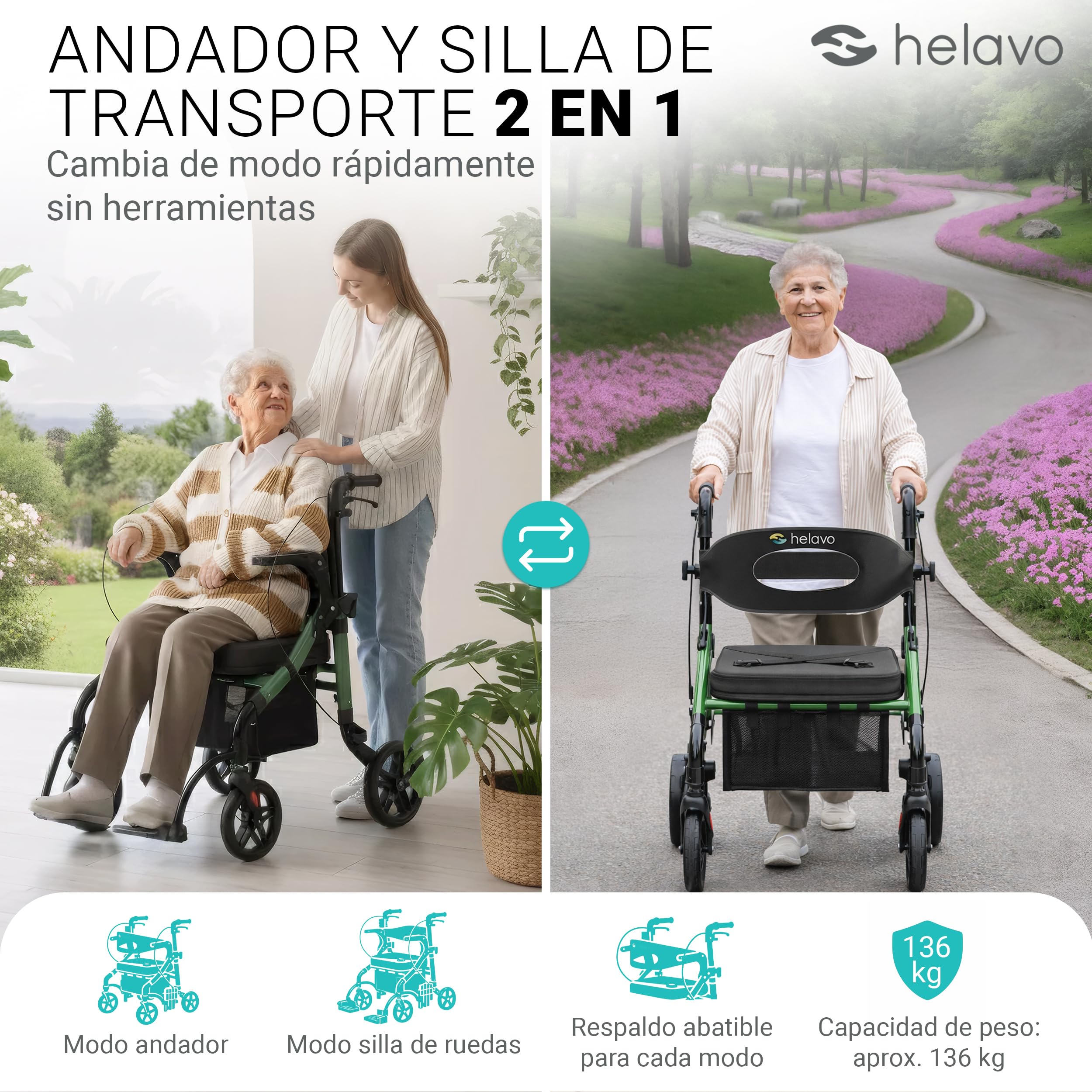 Helavo Rollator y Silla de Ruedas 2 en 1 con Ruedas Todoterreno – Andador Ligero con Función Silla de Ruedas, Plegable, Altura Ajustable, Capacidad de Carga hasta 136 kg